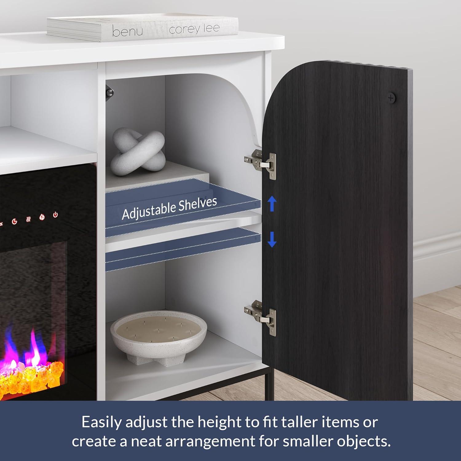 BELLEZE 68 Inch Fluted TV Stands with 36" Electric Fireplace, Modern Fluted Entertainment Center with Open Storage Shelves& Cabinets, Media Console TV Cabinet For Living Room Bedroom (White)