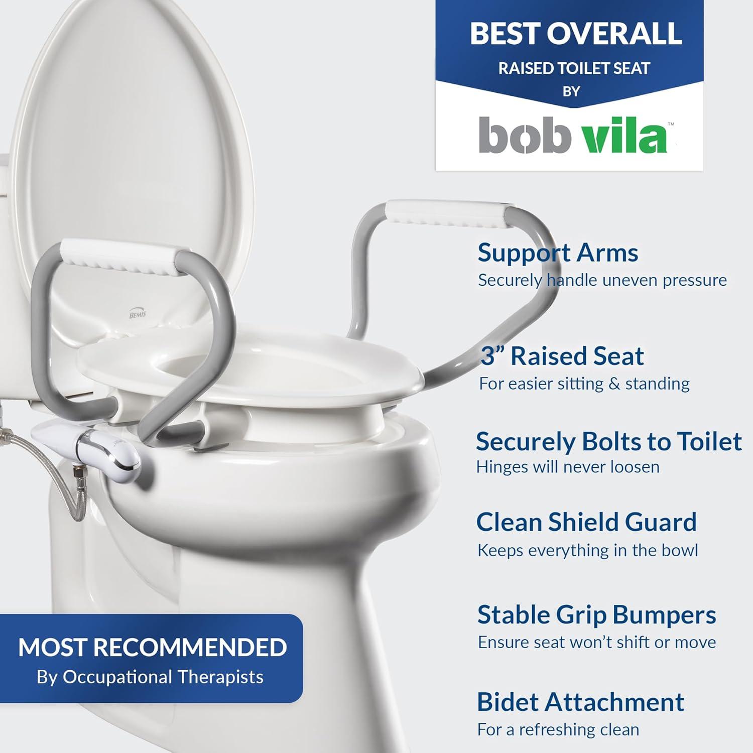 Bemis Assurance 3" Raised Toilet Seat with Handles and Bidet Attachment, Secure Hinges, Elongated, White 7YE85320H20 ARM