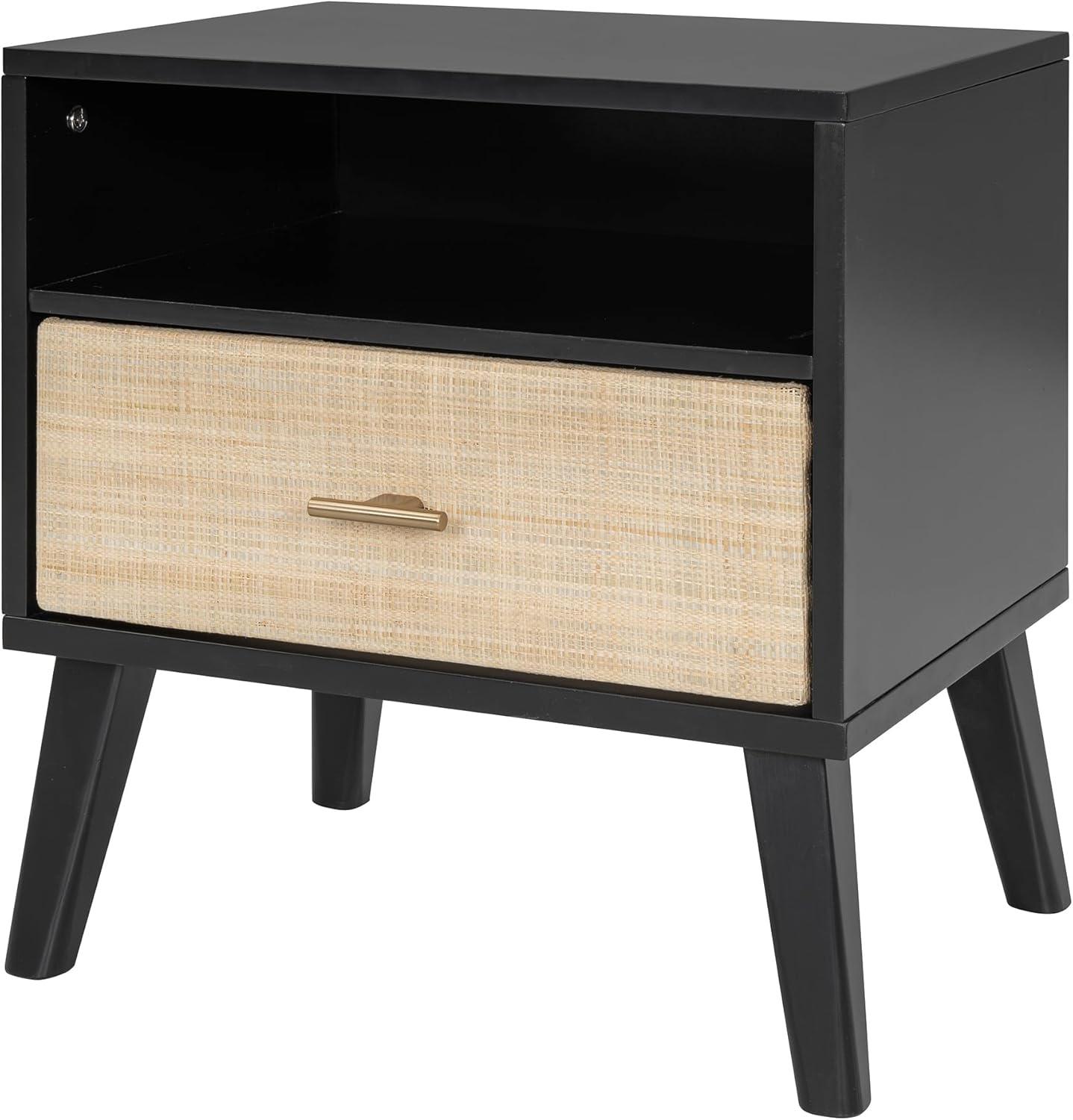 Queen Size Black and Rattan Solid Wood Bed Frame with Nightstands