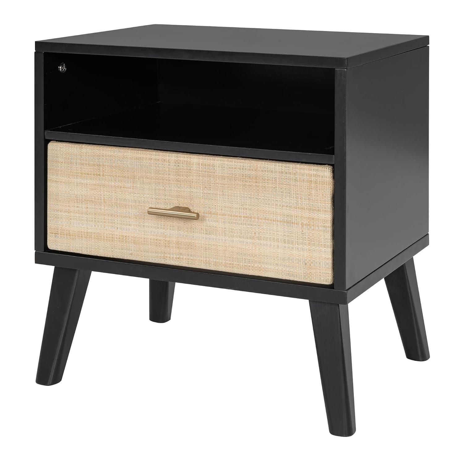 Queen Size Black and Rattan Solid Wood Bed Frame with Nightstands