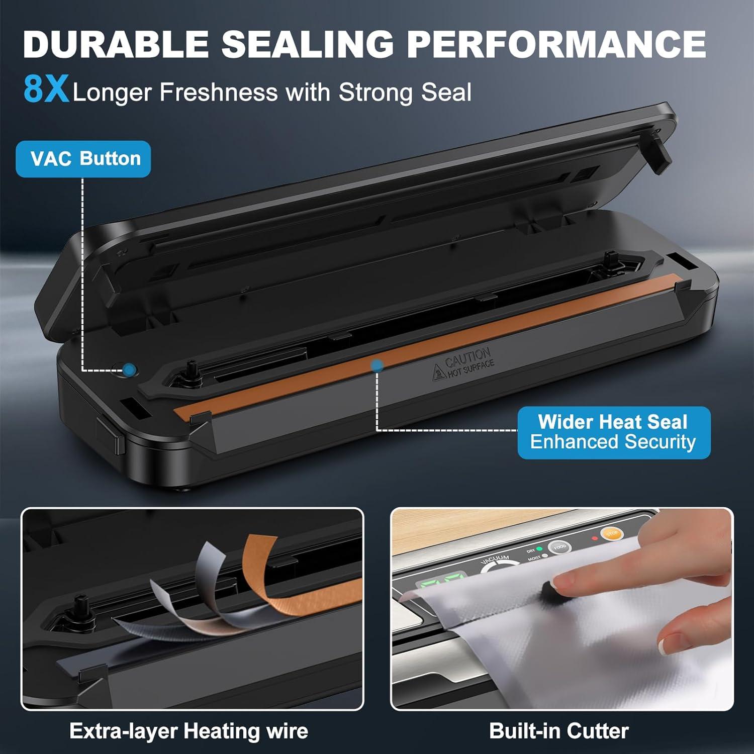 Vacuum Sealer Machine for Food, Automatic 8-In-1 Food Sealer Vacuum Sealing Saver for Liquid/Dry/Moist, Manual/External Super Strong Suction,Pulse Function,Countdown Display,Starter Kit