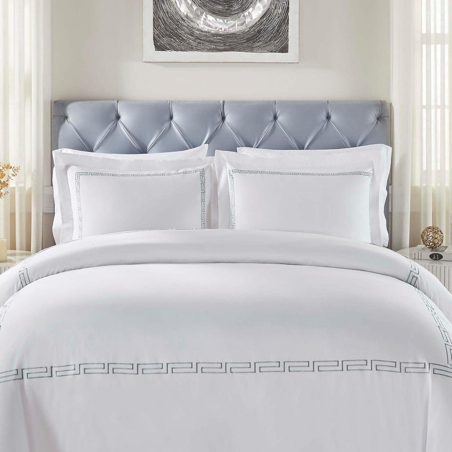 White-Silver Greek Key Embroidered Cotton Duvet Cover Set