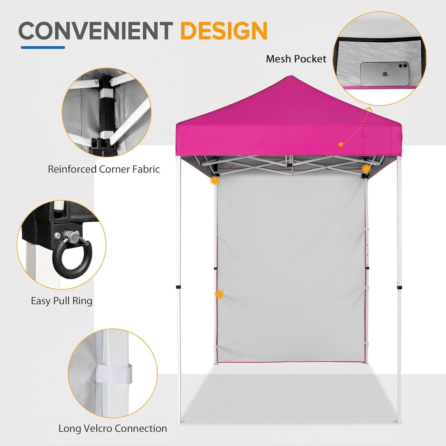 EAGLE PEAK Straight Leg Outdoor Portable Canopy Tent with One Removable Sunwall 5 x 5 ft, Carry Bag Included, Pink