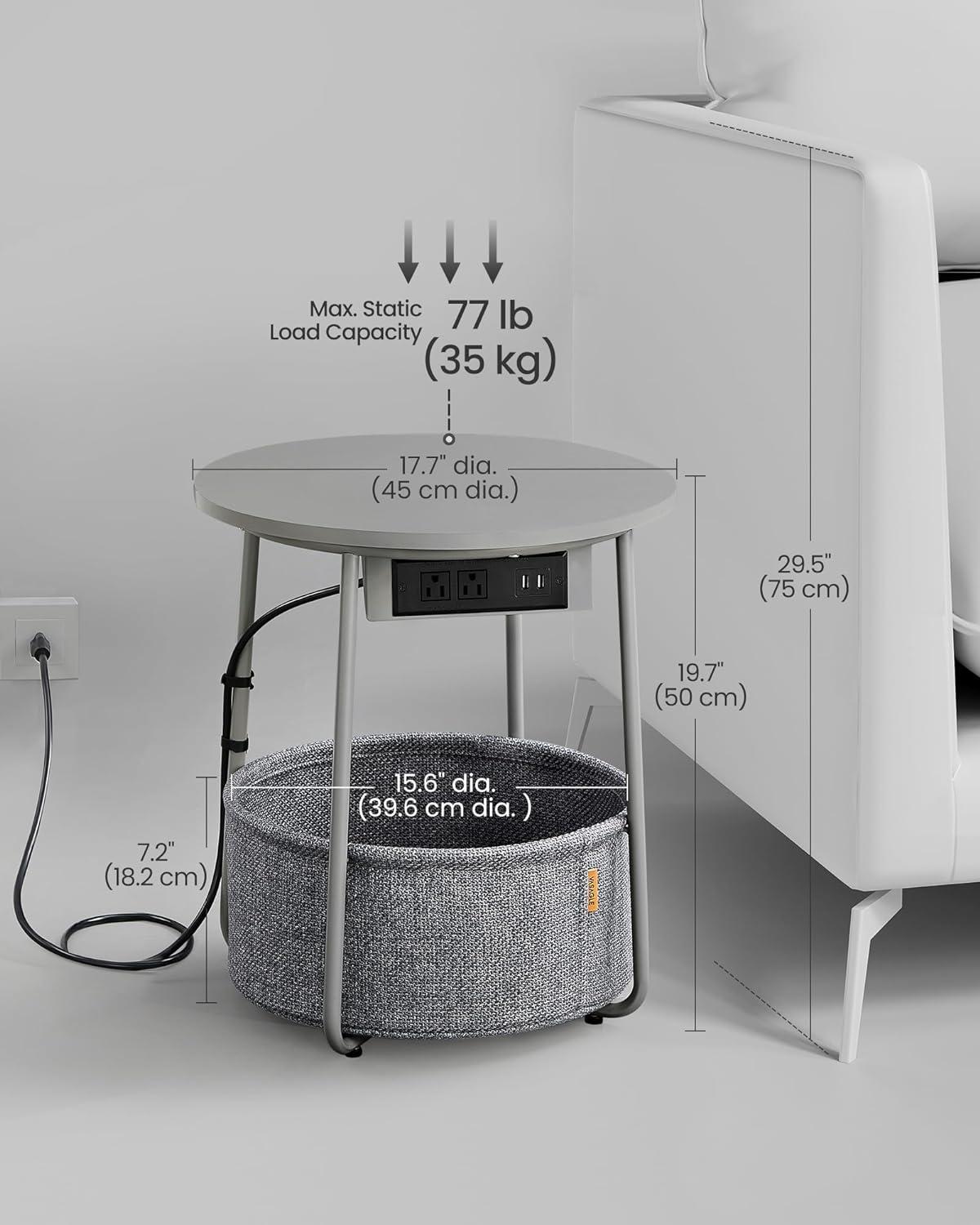 VASAGLE Side Table with Charging Station, Round End Table With Fabric Basket, Nightstand with Power Outlets USB Ports, for Living Room, Bedroom, Modern, Dove Gray and Slate Gray ULET228G01