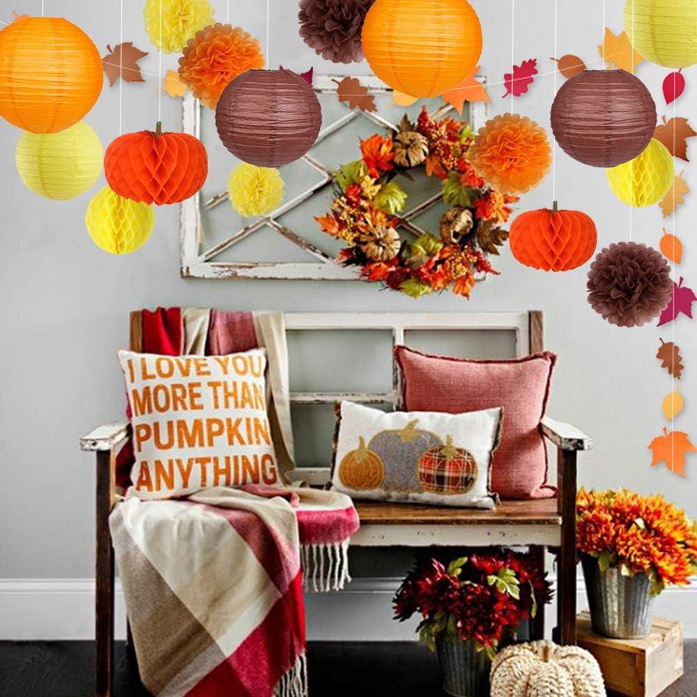 Thanksgiving Party Decorations Supplies Kit Hanging Paper Lantern Tissue Honeycomb Ball Pom Poms Flowers Pumpkins Maple Leaf Garland for Fall Birthday Baby Showers Home Decor Indoor Outdoor E11