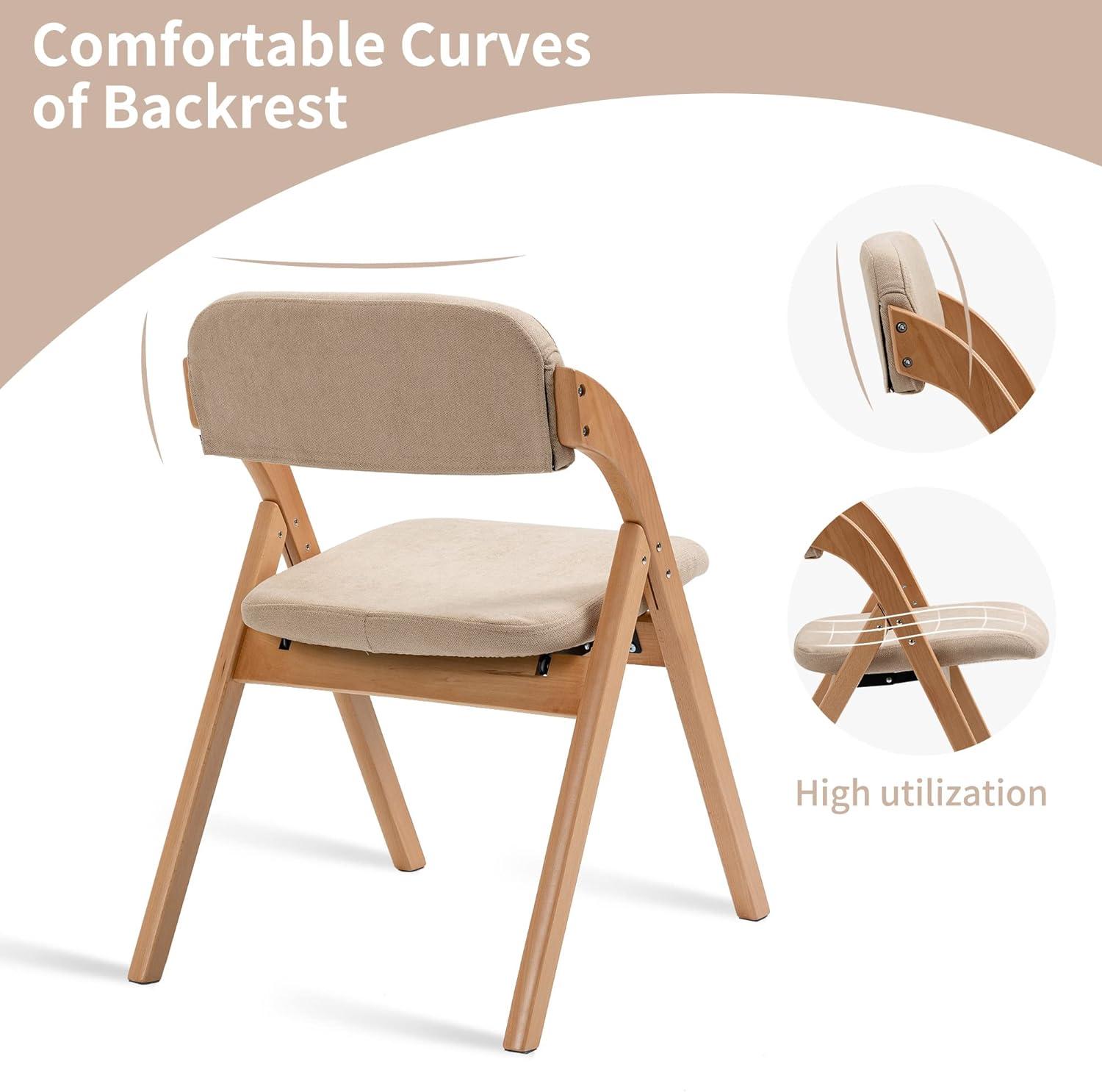 HOMEFUN Folding Chairs with Cushion Padded Foldable Chiars 4 Pack - Wooden Dining Fold Seat with Removable Cover Extra Chair for Guests Kitchen Office Wedding Party Picnic, Khaki