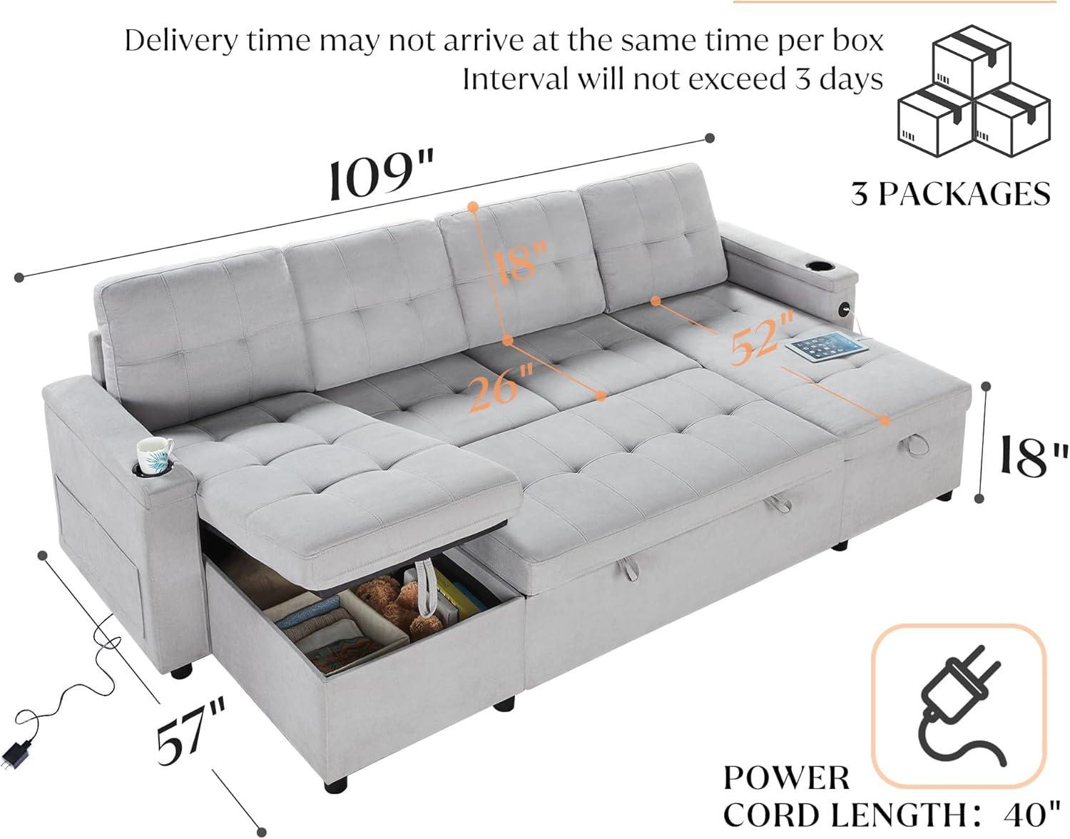 Light Grey Tufted Sleeper Sofa with Storage and Cup Holder