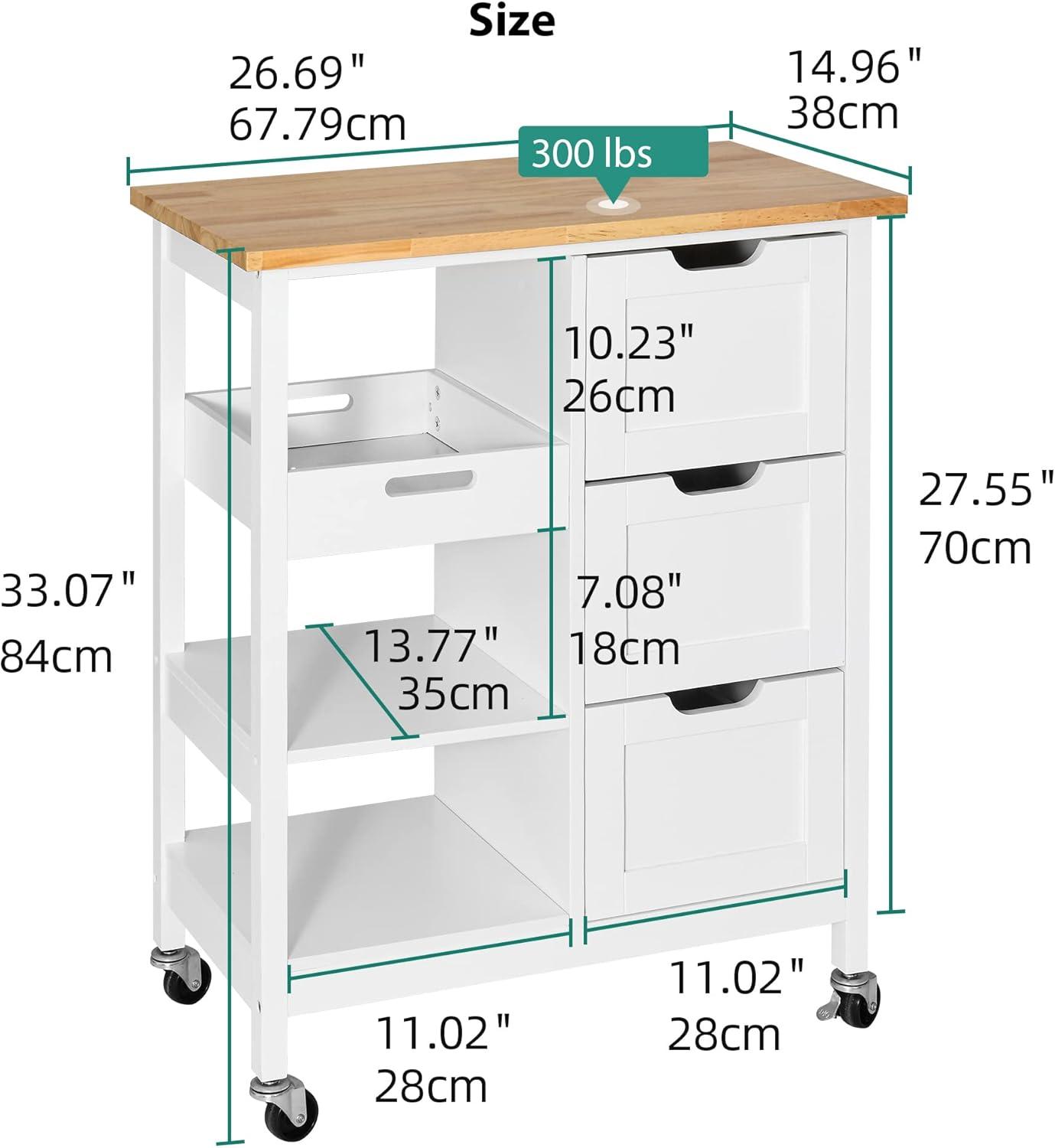 Small Solid Wood Top Kitchen Island Cart on Wheels with Storage, Rolling Portable Dining Room Serving Utility Carts Mobile Movable with 3 Drawers Cabinet, Oak & White