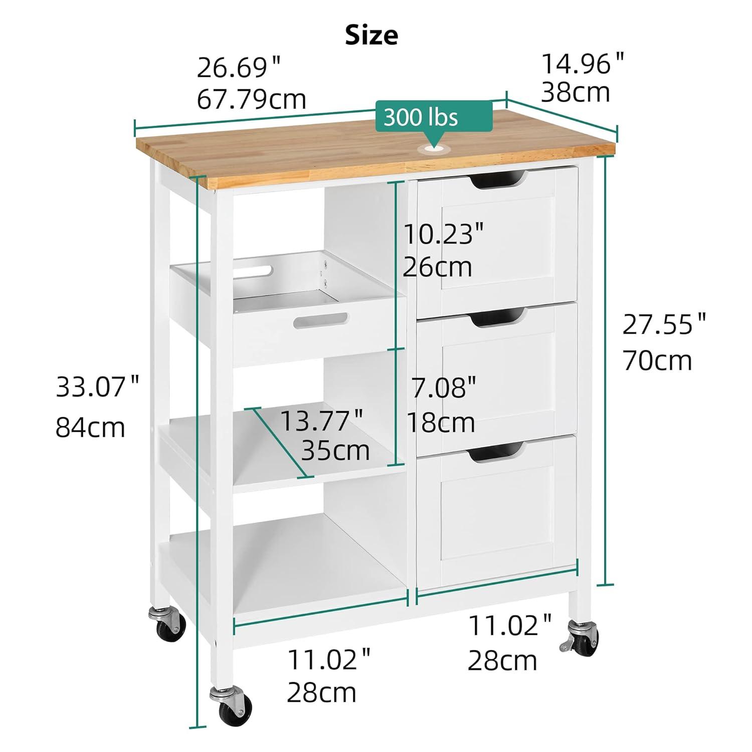 Small Solid Wood Top Kitchen Island Cart on Wheels with Storage, Rolling Portable Dining Room Serving Utility Carts Mobile Movable with 3 Drawers Cabinet, Oak & White