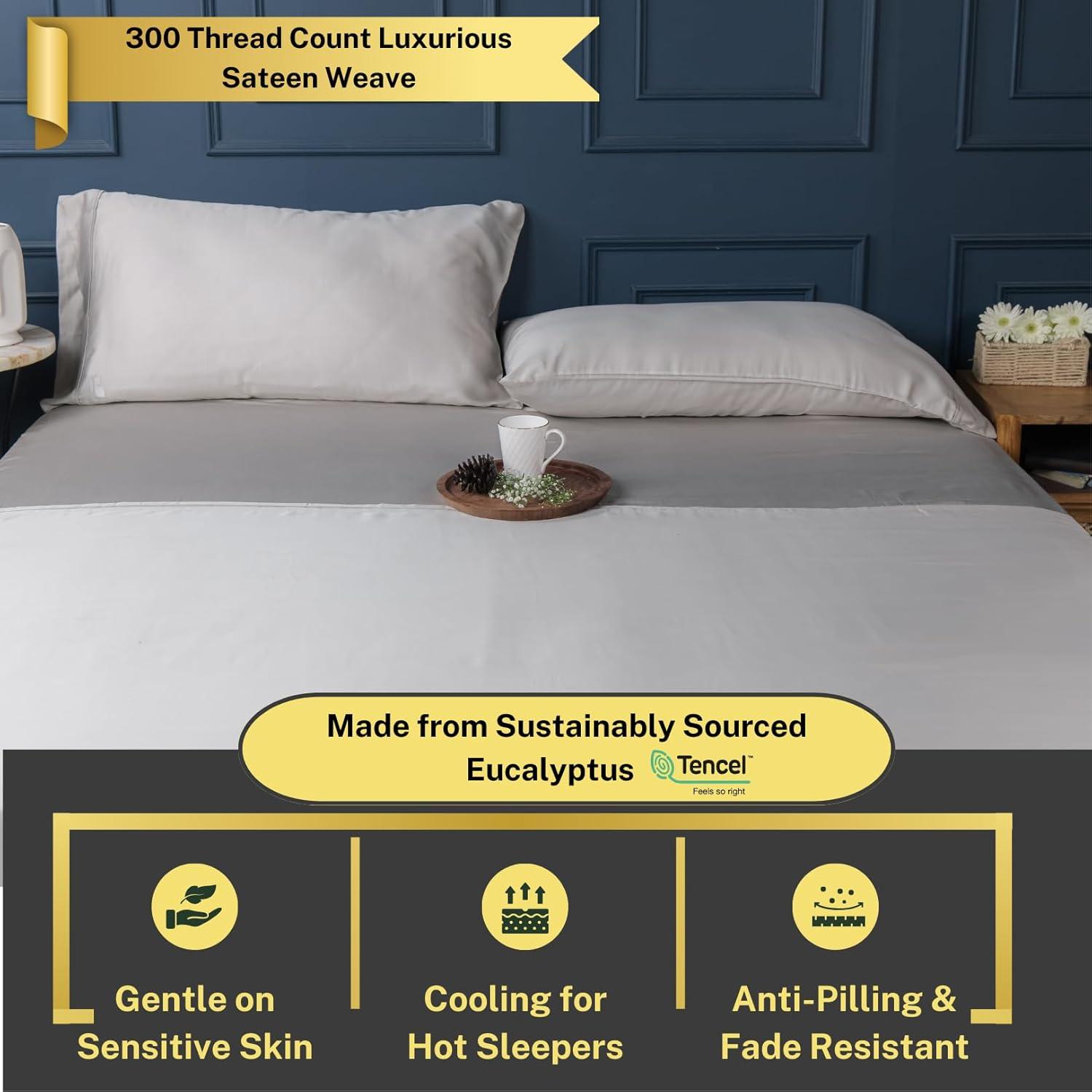 100% Austrian Eucalyptus Queen Bed Sheets, 18 Inch Deep Pocket Queen Sheets, Cooling Sheets with Elastic Corner Straps, Eucalyptus Silk Tencel Lyocell (Cool Grey, 4PC Queen)