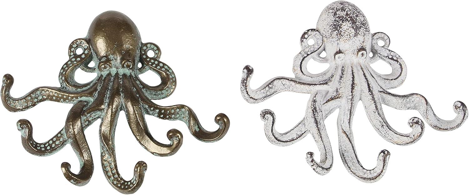 DecMode 8"W, 7"H Bronze Metal 6 Hangers Octopus Wall Hook, 2-Pieces