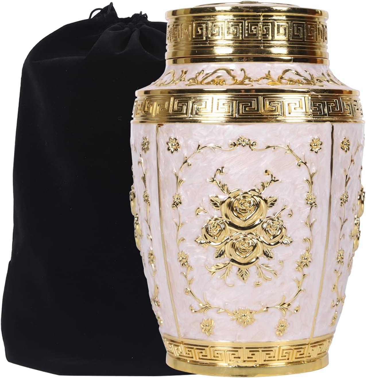 Large Gold and White Rose Flower Metal Urn