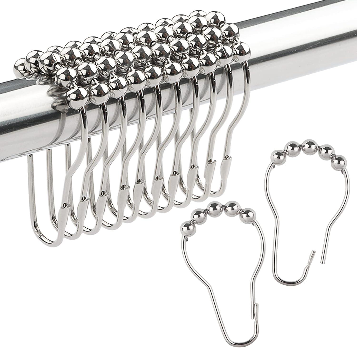 Silver Metal Shower Curtain Hooks with Rolling Balls, Set of 12