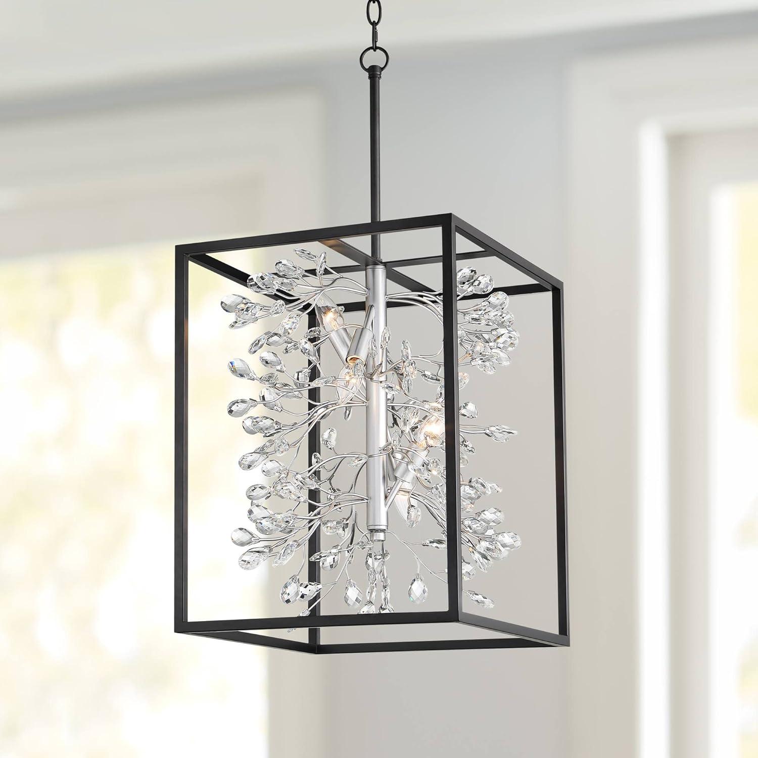 Possini Euro Design Black Silver Pendant Chandelier 15 1/4" Wide Modern Clear Crystal Flower Vine 4-Light Fixture for Dining Room House