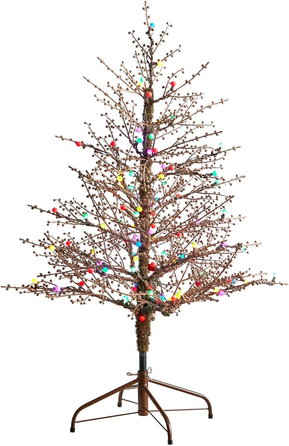 Nearly Natural 4' Pre-Lit LED Flocked Berry Twig Artificial Christmas Tree Multicolor Lights