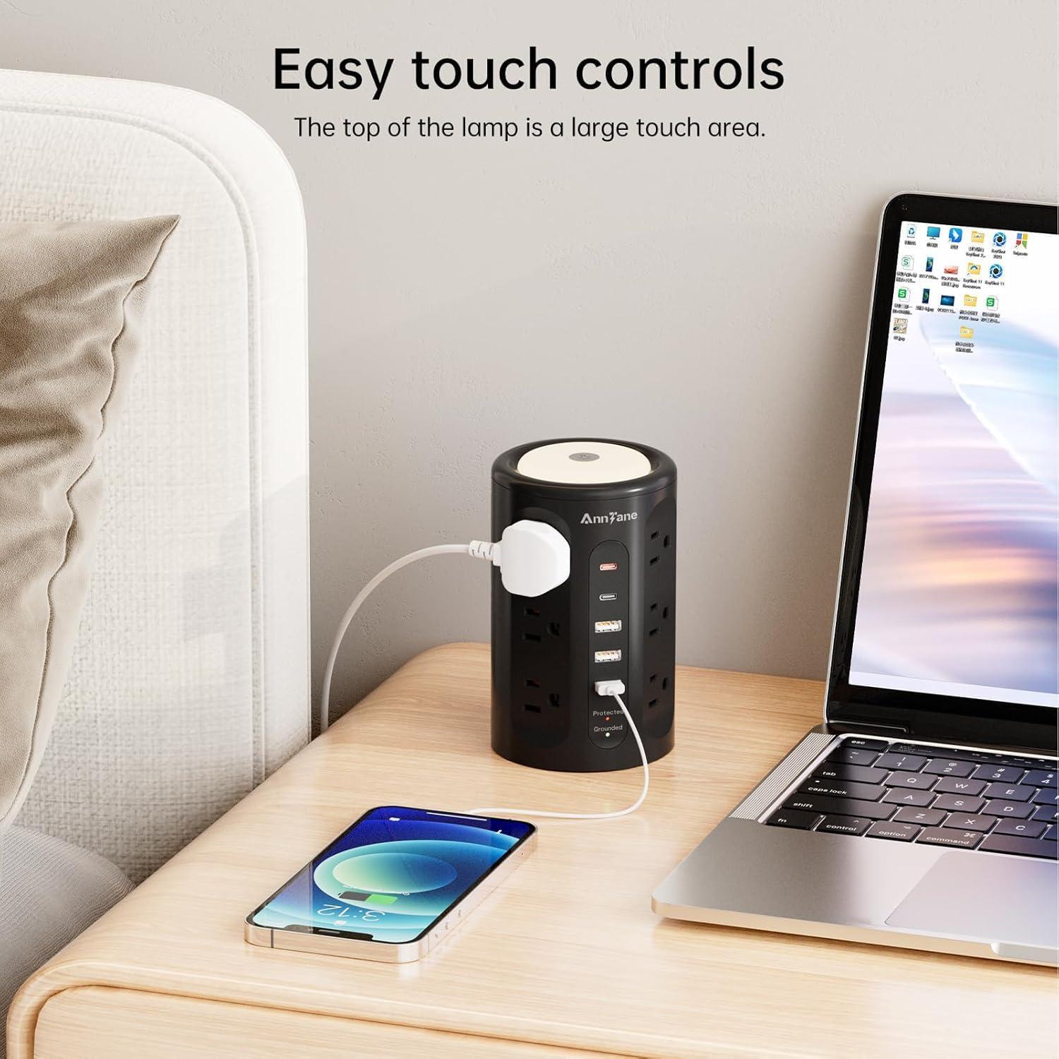 Power Strip Tower with Night Light, Power Strip Surge Protector with USB Ports, Extension Cord 10 FT with Multiple Outlets (12AC+3A+2C) for Home Office Desk DormRoom (Black)