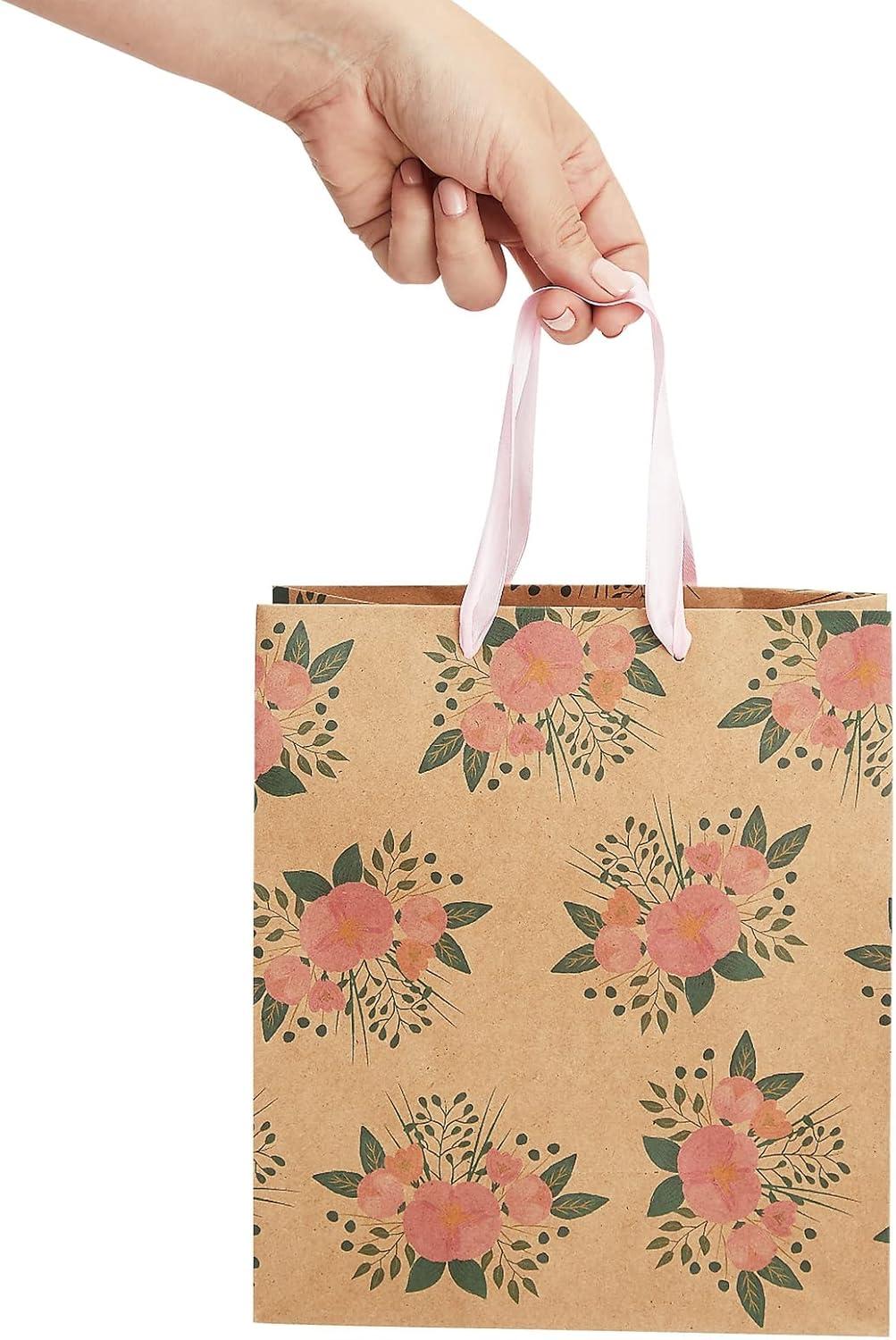 Juvale 24 Pack Kraft Paper Floral Gift Bags with Pink Ribbon Handles, 8x4x9 Inches, 2 Designs, For Themed Party Favors