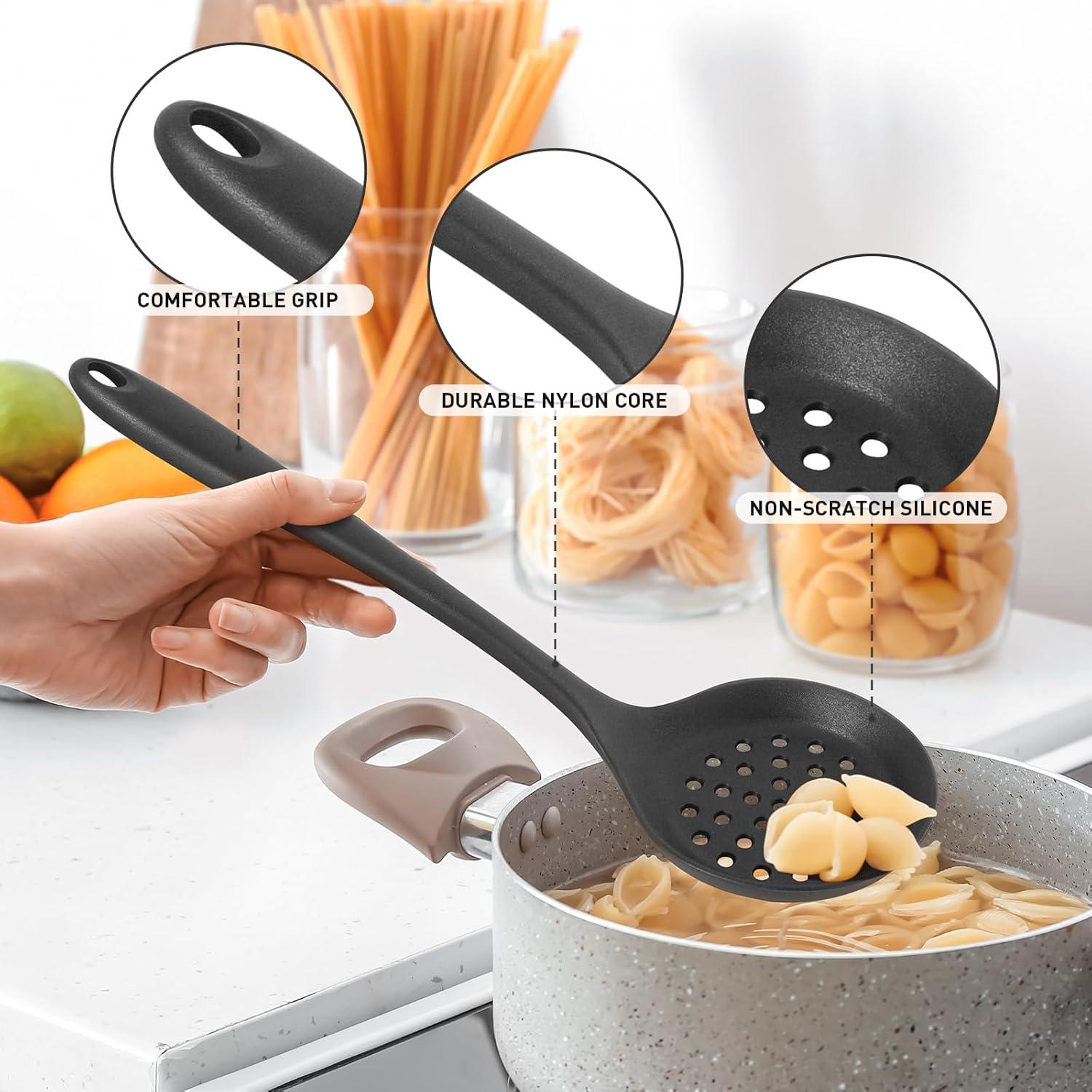Duxtop Silicone Cooking Utensils Set 3 PCS Kitchen Utensils Set - 400 °F Heat-Resistant Utensils for Nonstick Cookware, Kitchen Cooking Tools with Turner & Ladle, Dishwasher Safe, BPA Free, Black C49