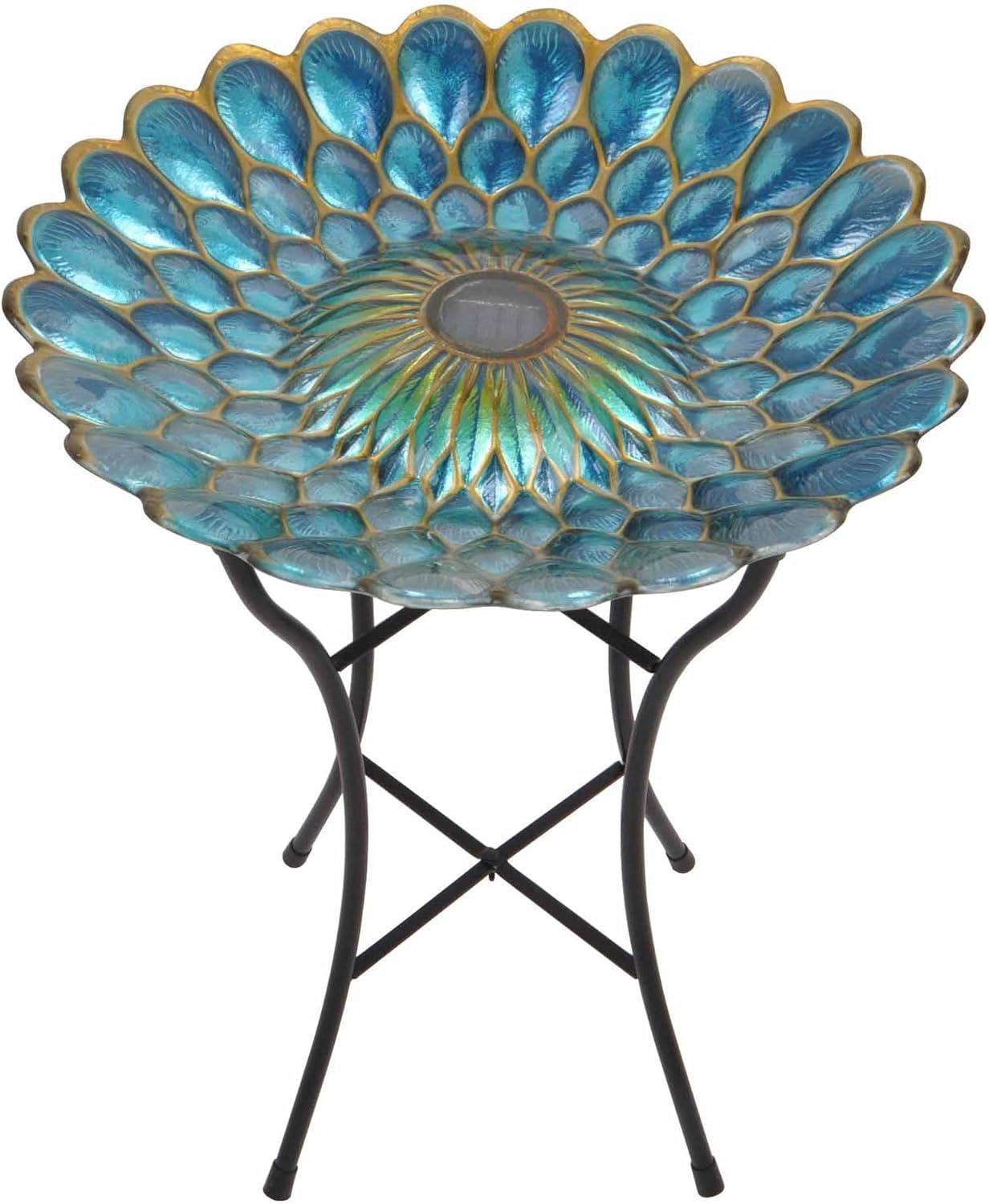 Teamson Home 18" Outdoor Solar Glass Flower Mosaic Birdbath with LED Lights and Stand, Blue