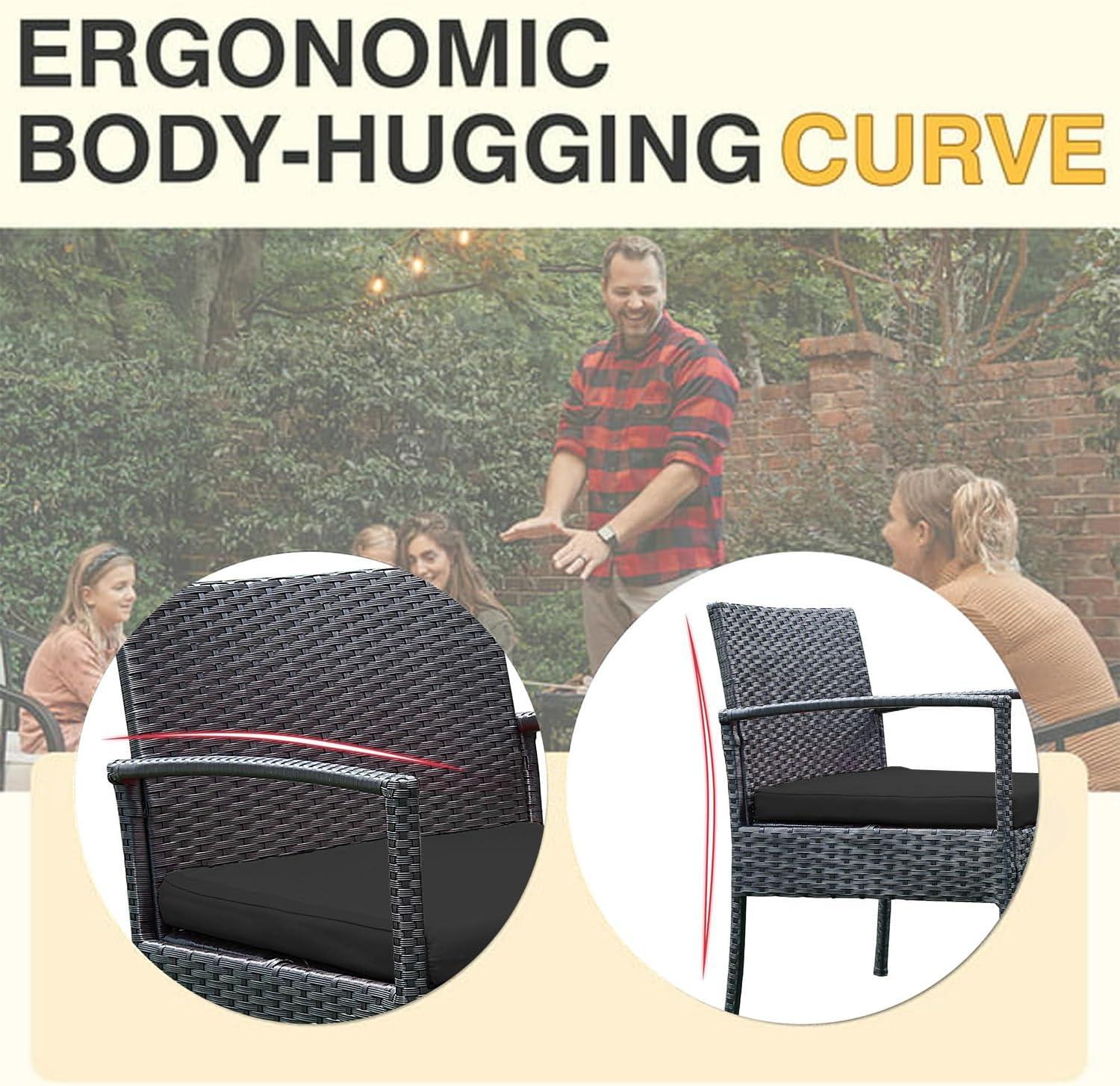 Tappio Outdoor Furniture 3 Piece Patio Bistro Furniture Set, Rattan Conversation Chairs Set with Side Table and Cushions, Patio Furniture Sets for Balcony Garden Porch, Black