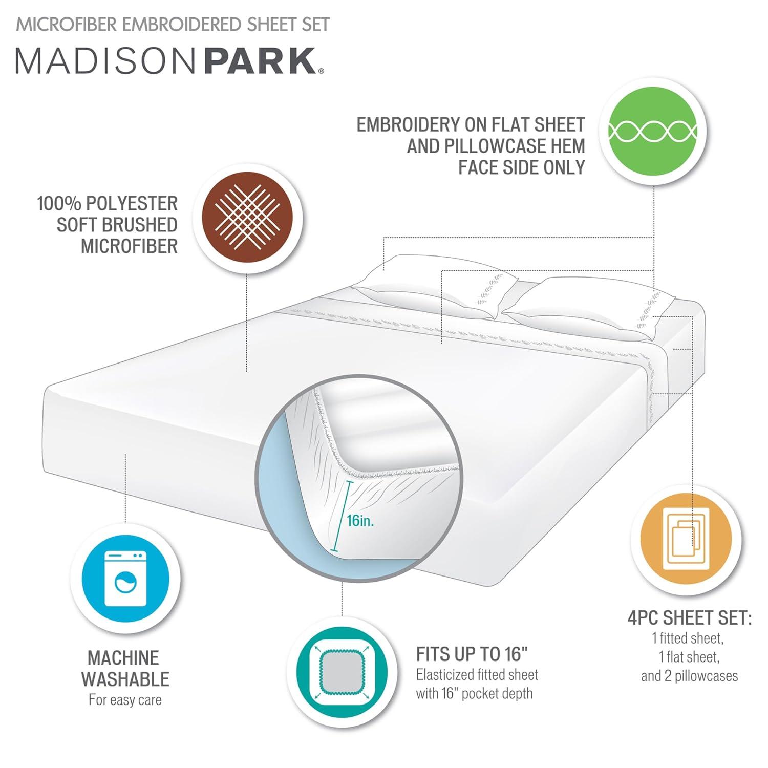Madison Park Soft Brushed Microfiber Sheets Set, Elegant Embroidery Hem Design, Premium 14" Elastic Pocket Fits up to 16" Mattress, All Season Bedding & Pillowcases, Full Green Vine 4 Piece
