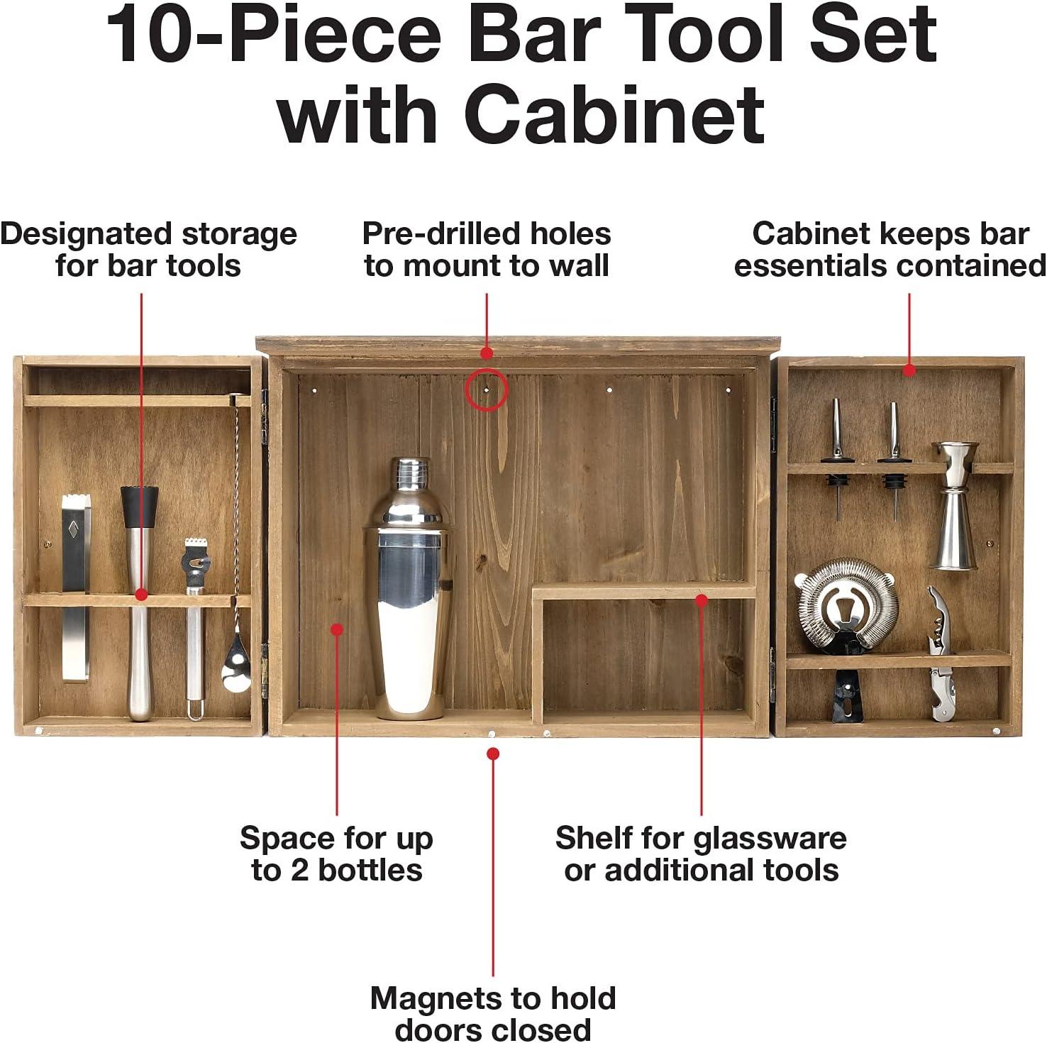 Excello Global Products Barndoor Bartender Cabinet with 12 Piece Bar Tool Set - Rustic Brown - The Perfect Kit for Home Bartenders - EGP-HD-0423