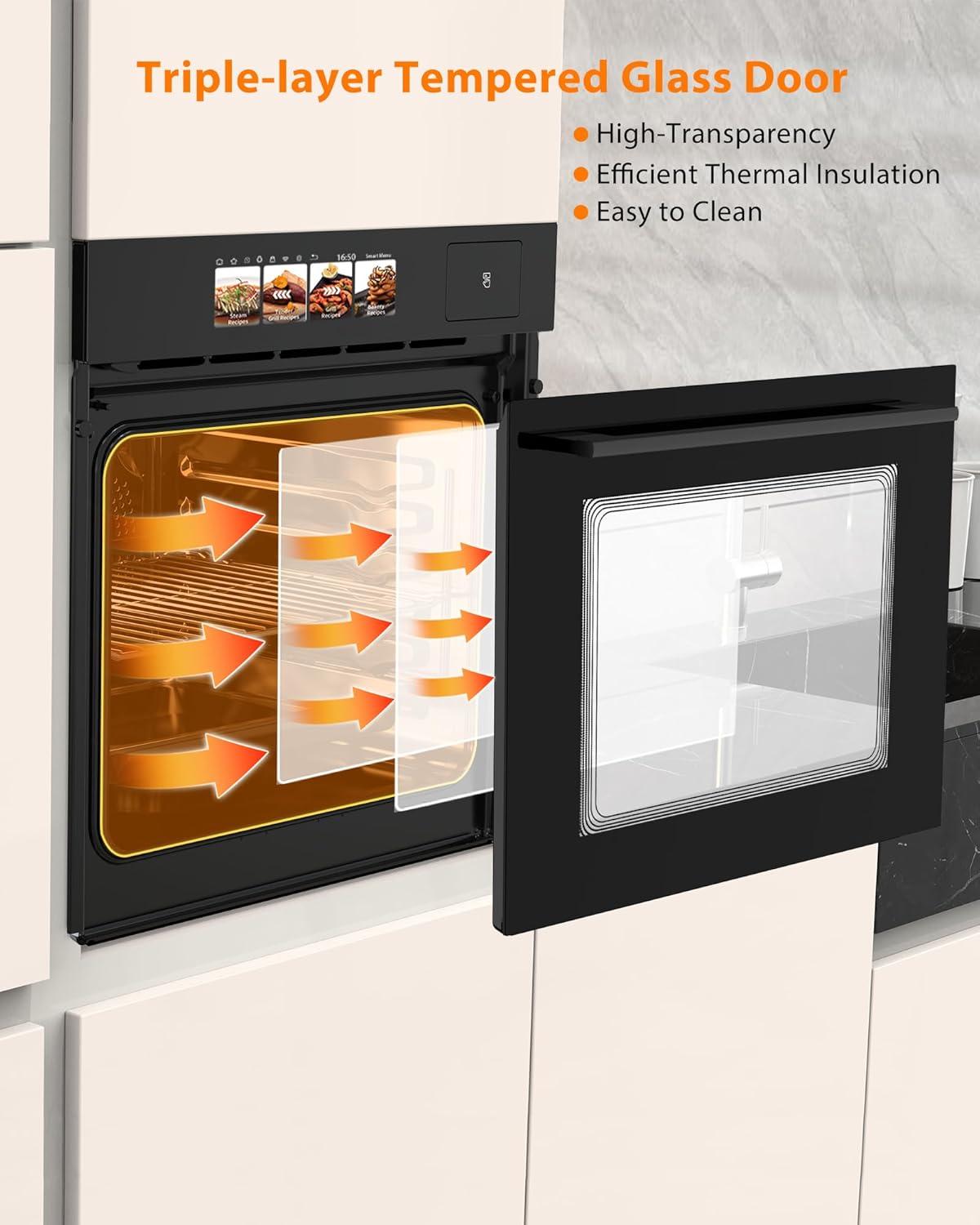 24" Electric Ovens Single Wall Oven,2.5Cu.ft Convection Built-in Oven,with 8 Cooking Mode, 3000W, 240V,  Stainless Steel, Colorful Touch Screen, Transparent Window, Black