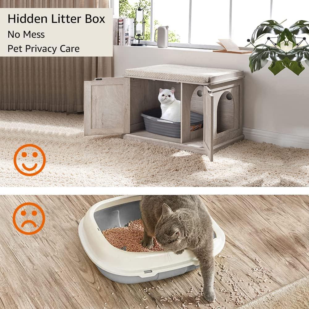 Unipaws Muebles de Caja de Arena para Gatos de Diseñador Banco de Almacenamiento para Baño de Gatos, Gris Envejecido