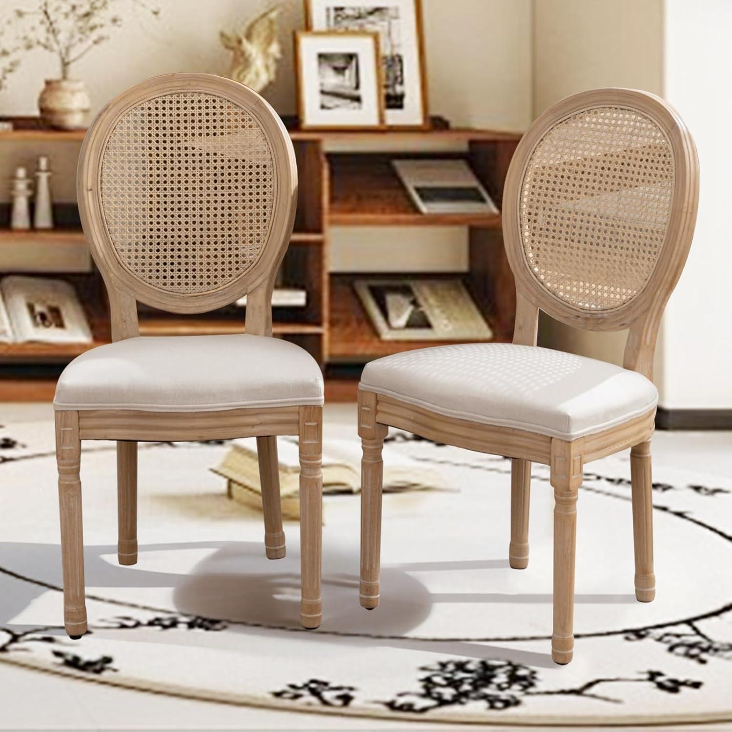 One Allium Way® French Style Rattan Back Solid Wood Upholstered Dining Chairs(Set of 6)