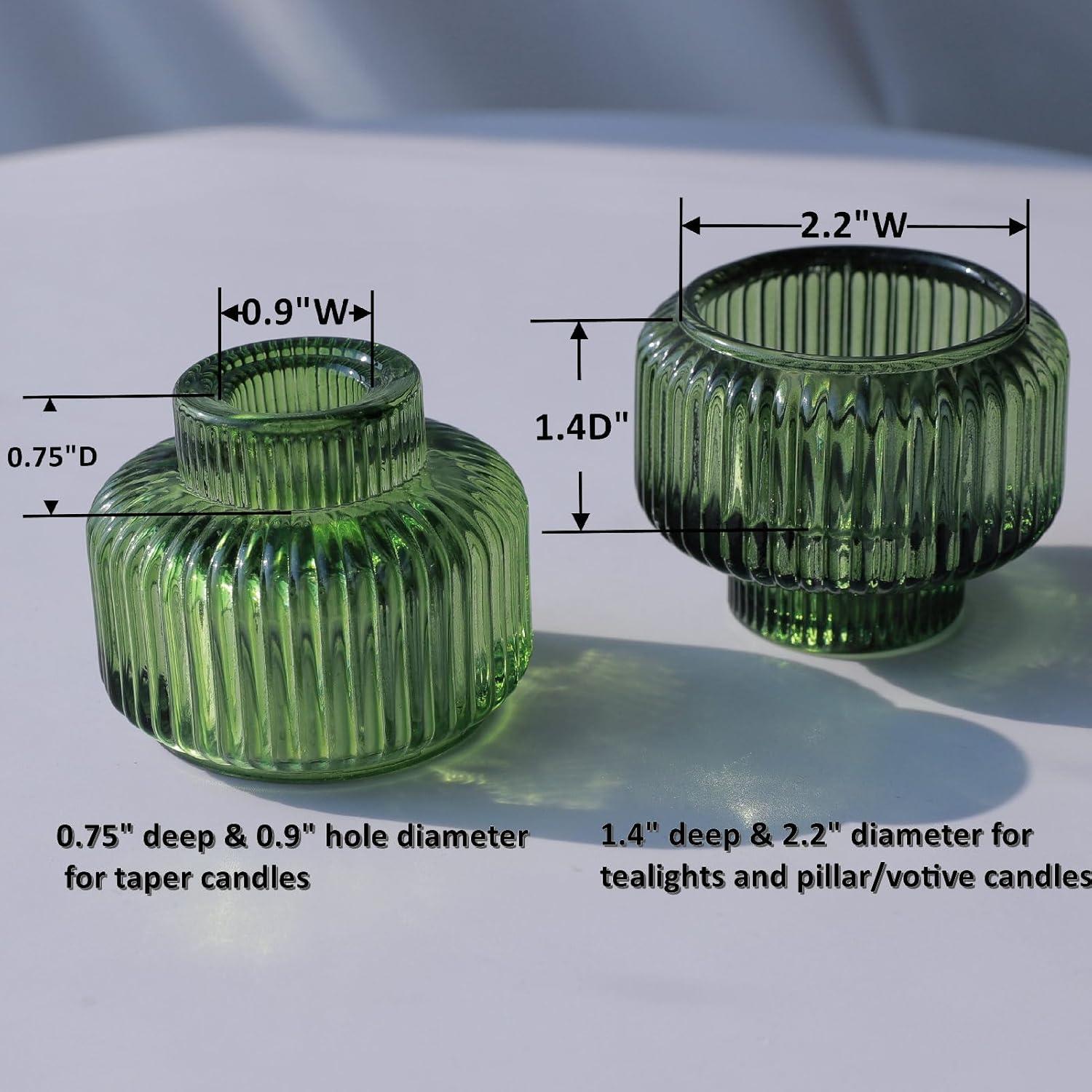 Green Ribbed Glass Reversible Candlestick Holders, Set of 4