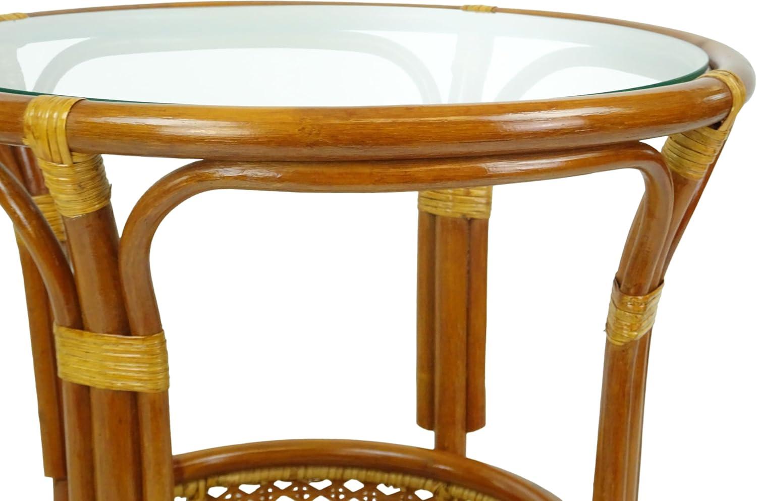 SK New Interiors Pelangi Coffee Round Table Natural Rattan Wicker with Glass Top Handmade, Colonial