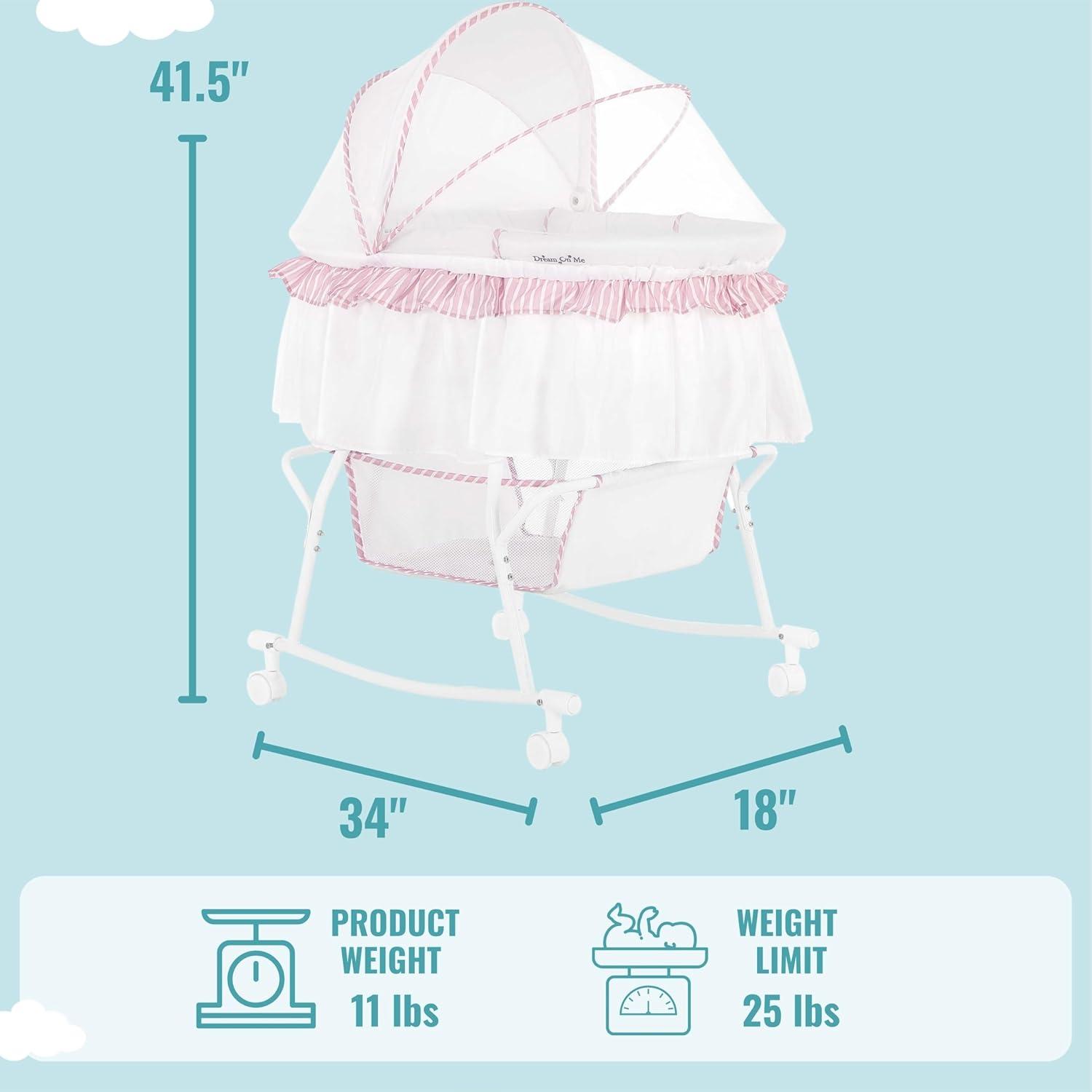 Dream On Me JPMA Certified Lacy Portable 2-in-1 Bassinet & Cradle, Pink/White