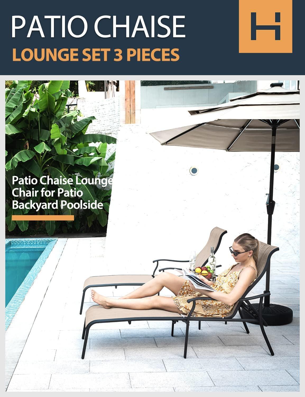 HAPPATIO Patio Chaise Lounge Set 3 Pieces,Patio Lounge Chair with Glass Coffee Table,Pool Lounge Chair with Breathable Textilene Fabric,Patio Chaise Lounge for Patio Backyard Poolside(Gray)