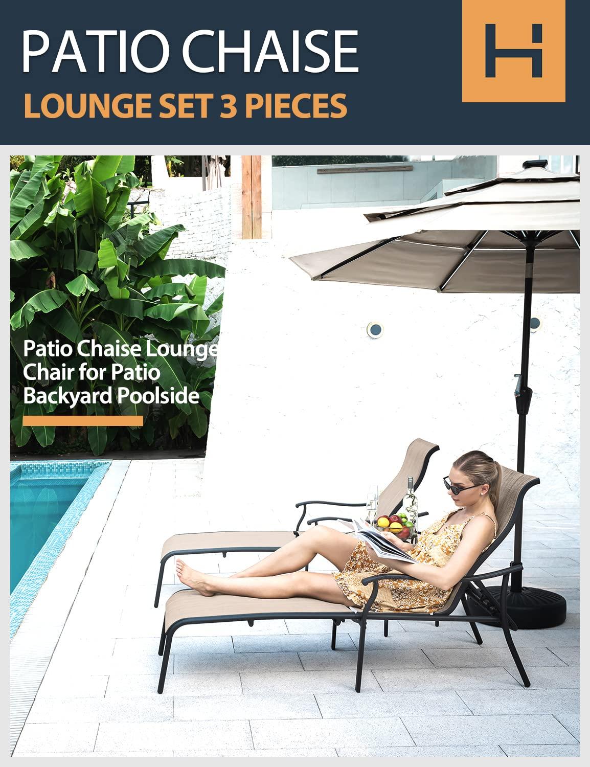 HAPPATIO Patio Chaise Lounge Set 3 Pieces,Patio Lounge Chair with Glass Coffee Table,Pool Lounge Chair with Breathable Textilene Fabric,Patio Chaise Lounge for Patio Backyard Poolside(Gray)