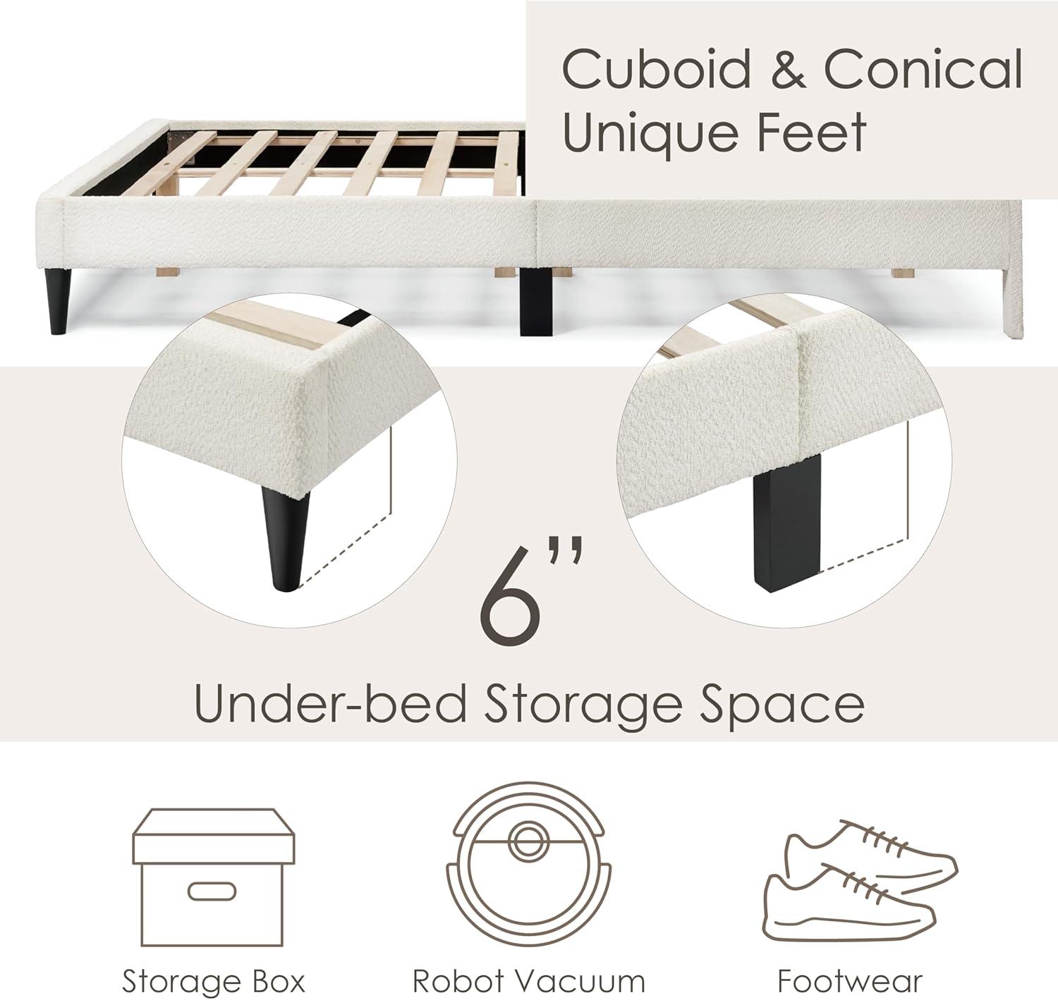 24/7 Shop At Home Queen Heartwild Modern Boucle Upholstered Pillow Headboard Platform Bed: Smooth Finish & Wood Frame