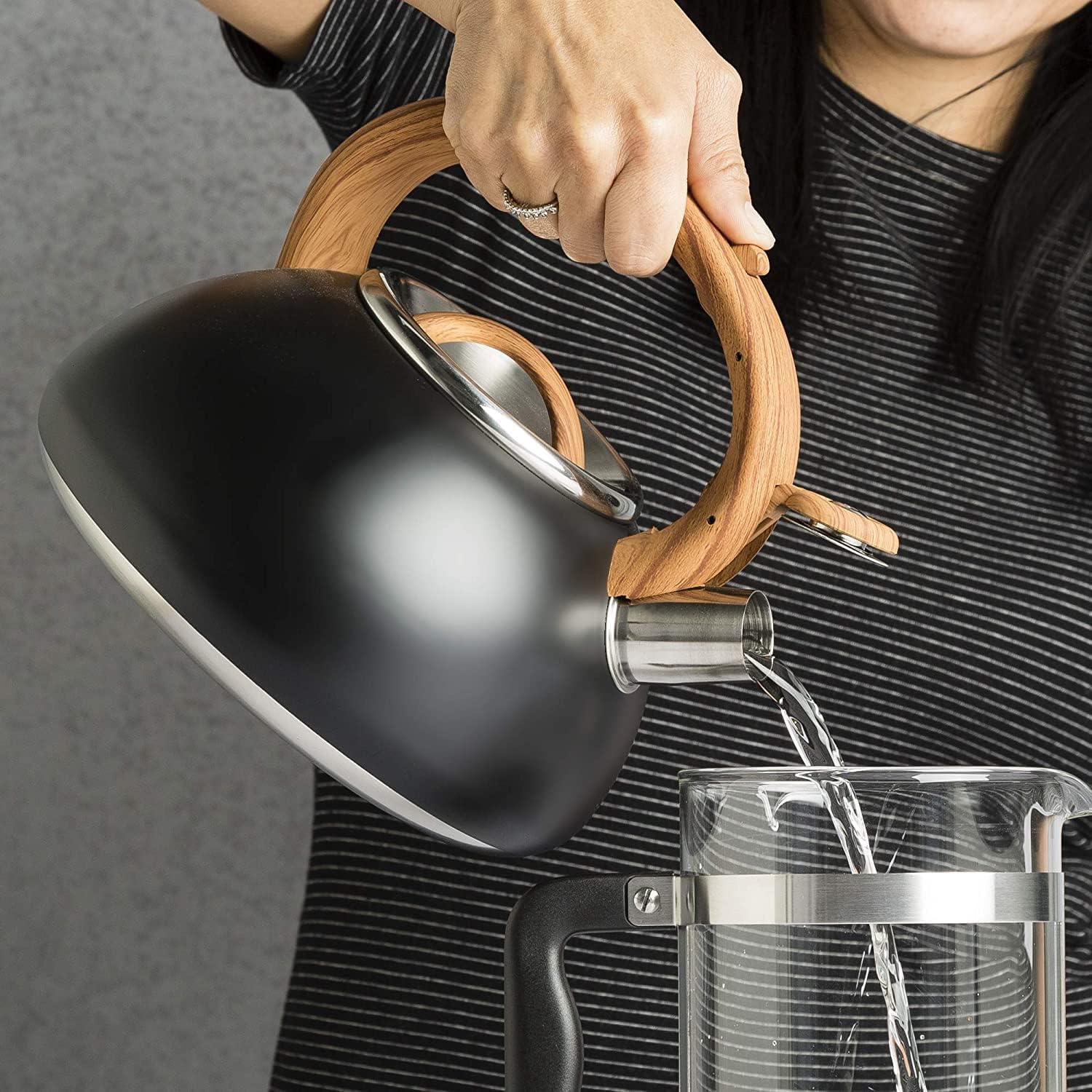 Matte Black and Wood Stainless Steel Whistling Tea Kettle