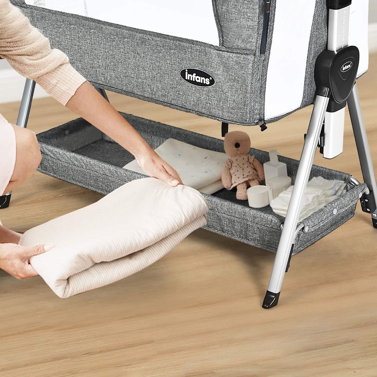OLAKIDS Baby Bassinet Bedside Crib, Newborn Sleeper w/Large Storage Basket, Adjustable Heights & Angle, Detachable Mattress, Breathable Mesh, Easy Moving Bed Side, Dark Grey