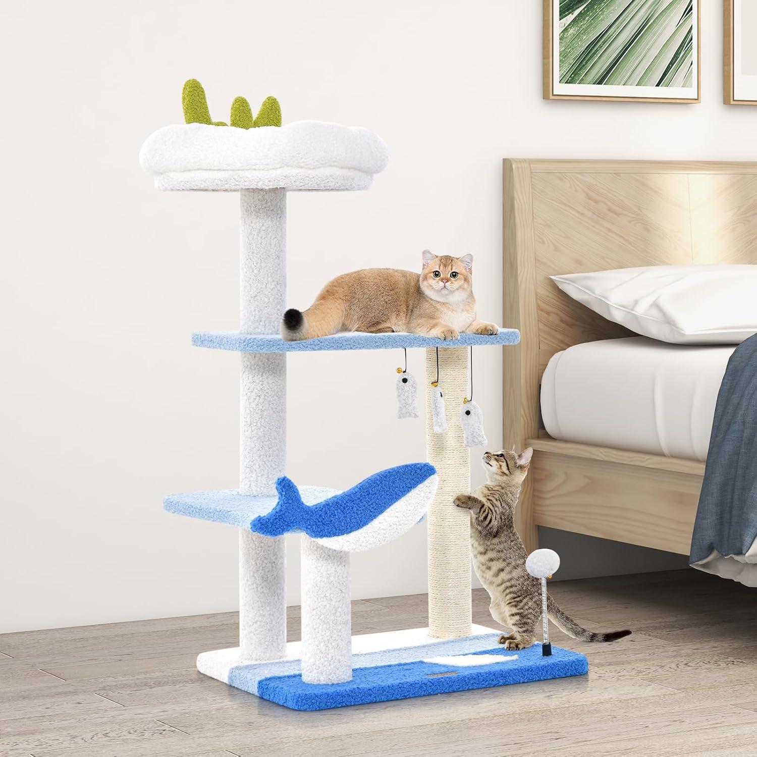 Kadyn Cat Tree for Large Cat, Cat Tower Heavy Duty, Extra Tall Cat Condo, 3-level Cat Tower with Sisal Covered Scratching Posts-Blue