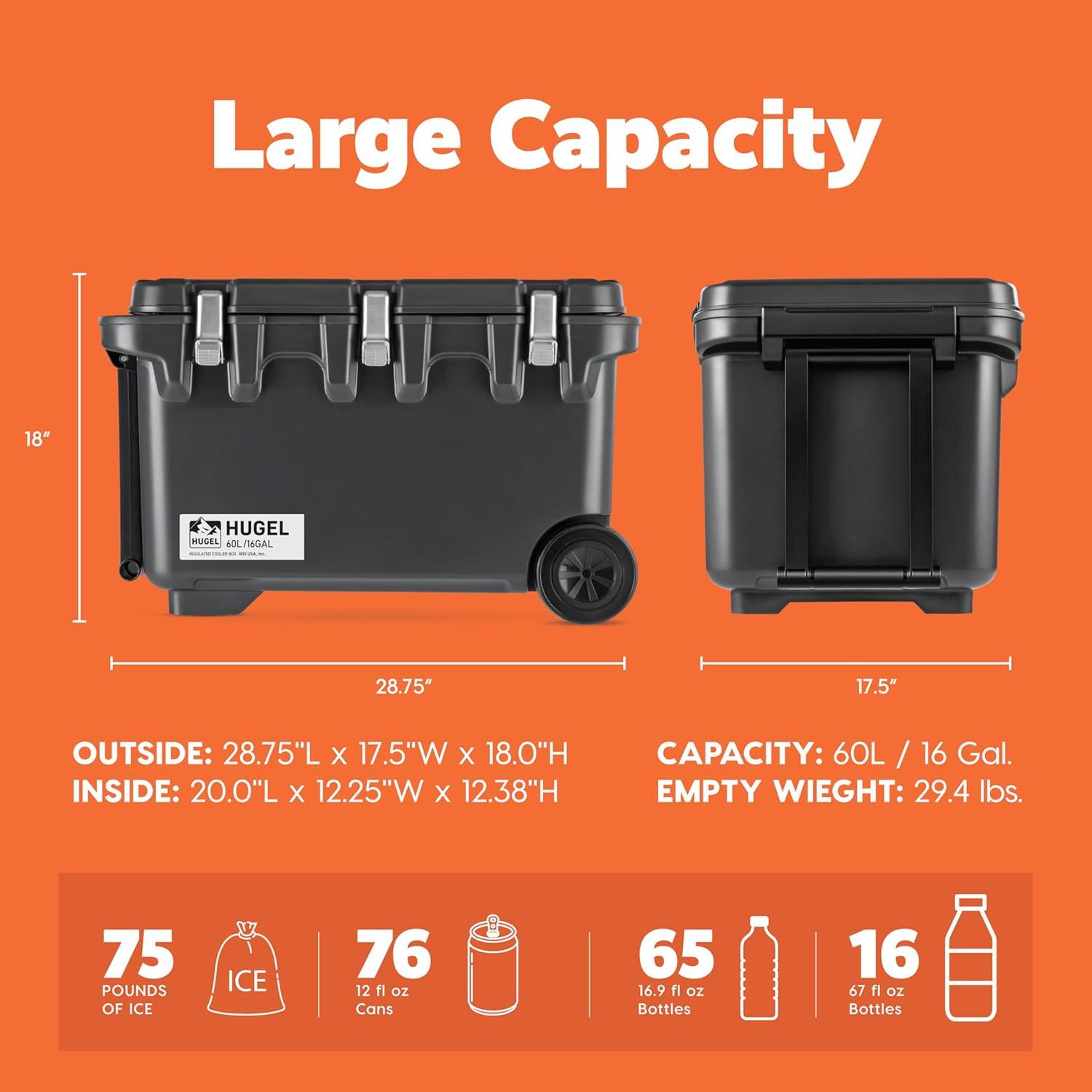 IRIS USA HUGEL 64 QT Cooler Box Insulated, Hard Cooler, Vacuum-Insulated Panels Durable Portable Ice Chest with Built-in Handle and Wheels, Black