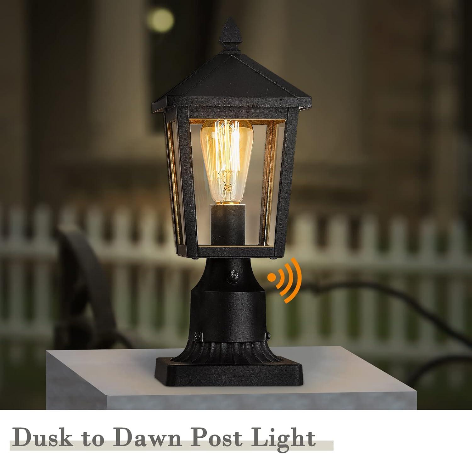 Black Metal Dusk to Dawn Outdoor Post Lights with Clear Glass, 2-Pack