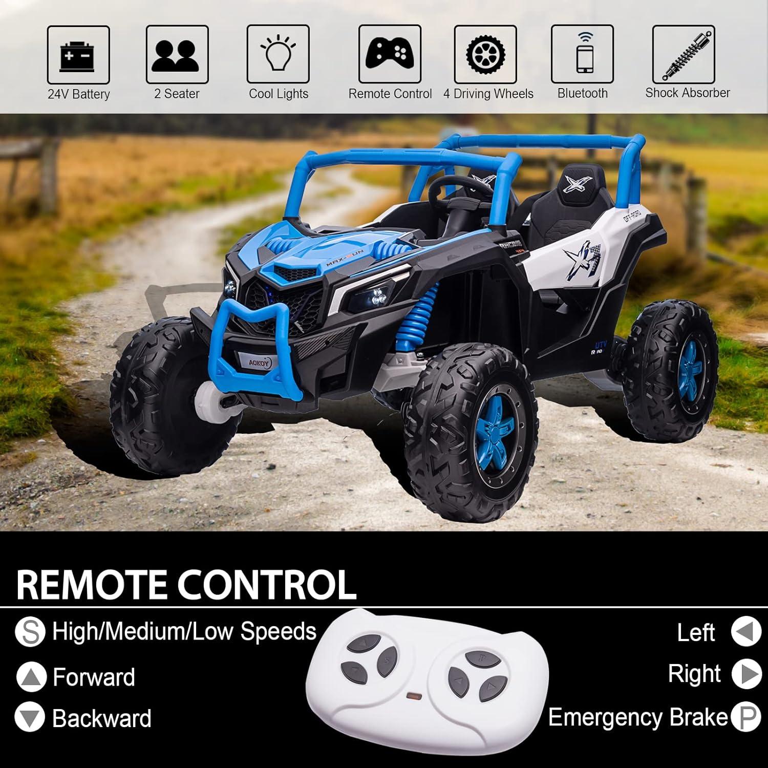Track 7 24V Ride on UTV, 2-Seater Ride on Car with Remote Control, Music, 2 Speed, Key Start, 4x4 Ride on Off-Road Truck, Blue
