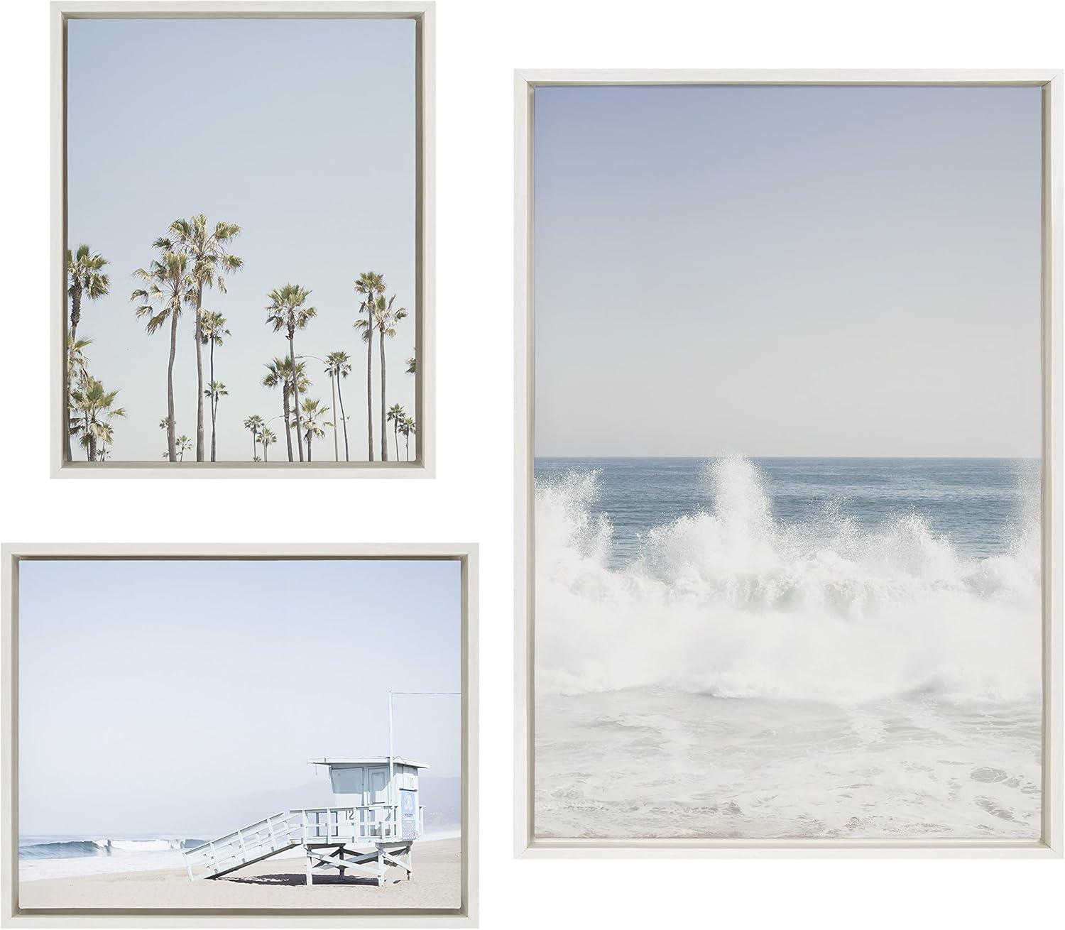 Sylvie Waves Crashing, Palm Tree Paradise and Pale Blue Lifeguard Tower 23 in x 33 in Framed Photography Canvas Art Prints, by Kate and Laurel Set of 3