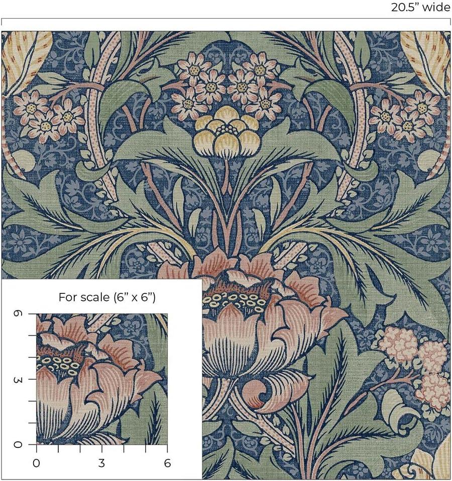 Seabrook Designs  Acanthus Floral Prepasted Wallpaper 20.5 in. W x 33 ft. L - Denim Blue & Salmon