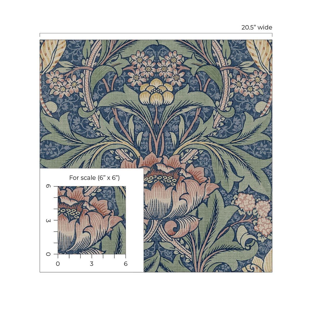 Seabrook Designs  Acanthus Floral Prepasted Wallpaper 20.5 in. W x 33 ft. L - Denim Blue & Salmon