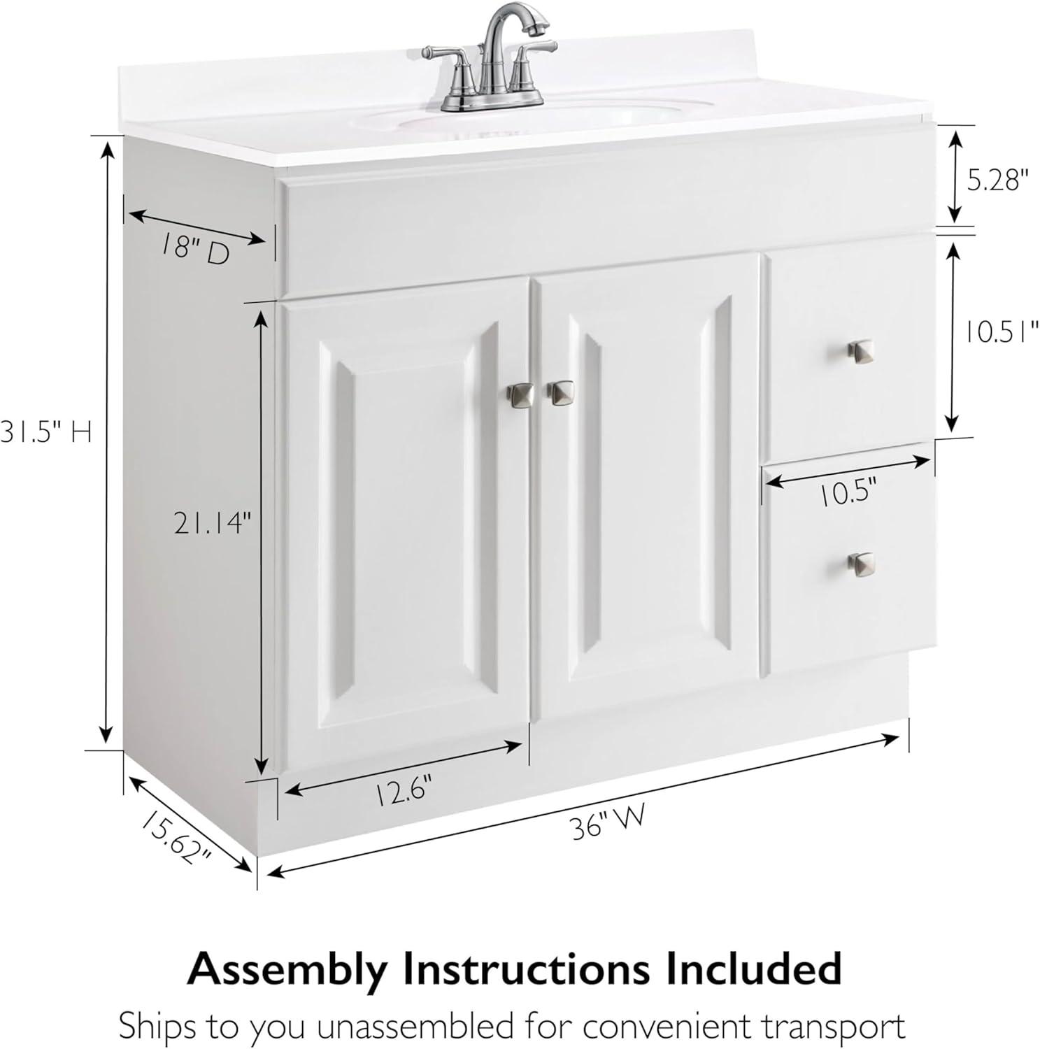 White MDF 36-Inch Freestanding Bathroom Vanity with Satin Nickel Knobs