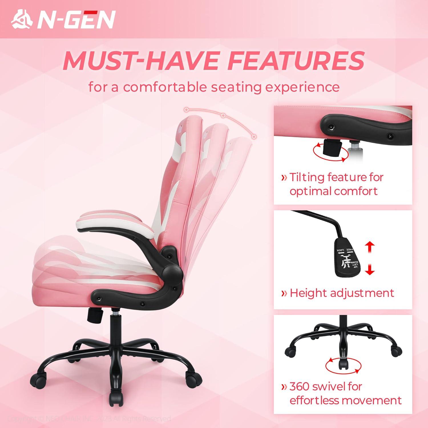 Neo Chair N-GEN Adjustable Ergonomic Faux Leather Swiveling PC & Racing Game Office Desk Chair with Flip-Up Arms