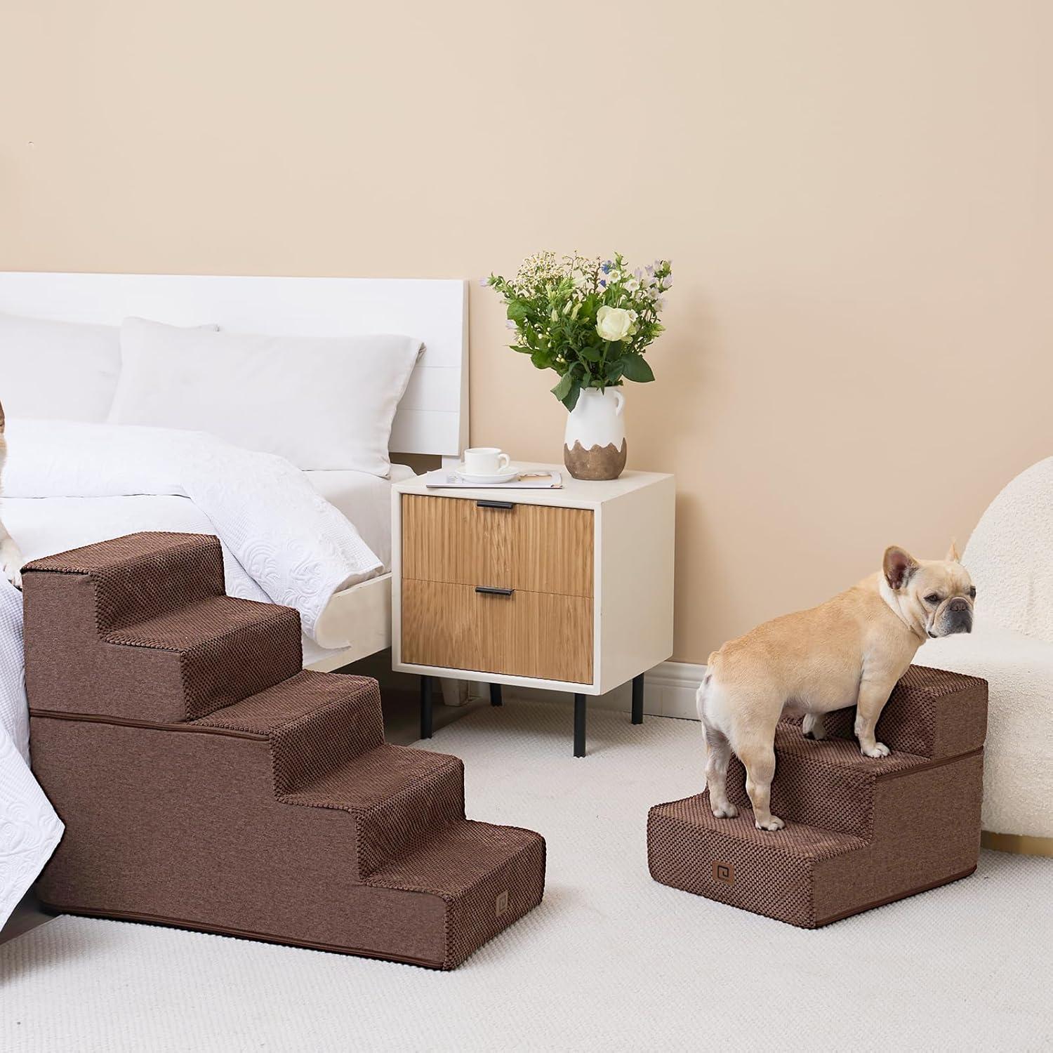 Brown 3-Step Foam Dog Stairs with Non-Slip Cover