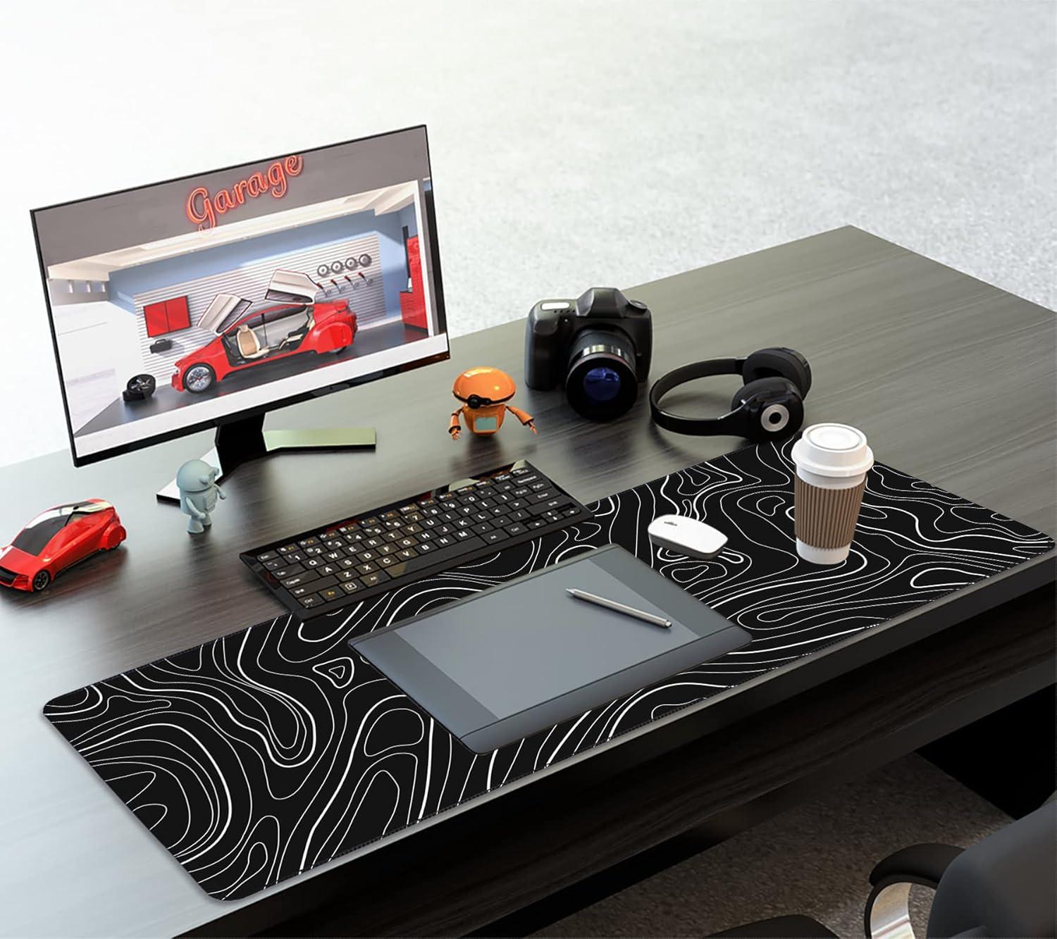Mouse Pad Gaming Mousepad 31.5 x 11.8in Large Mouse Pad for Keyboard and Mouse with Anti-Slip Rubber Base, Keyboard Pad XL Mouse Mat for Home and Office（Black with White Topographic Line）