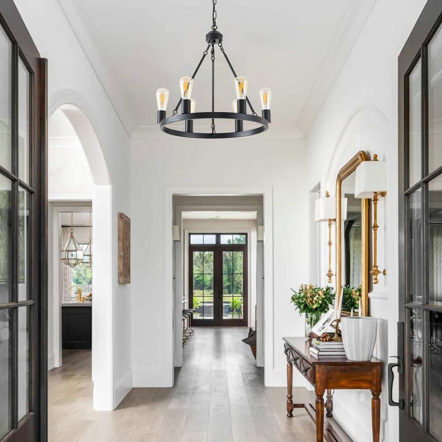 Farmhouse 6 Lights Black Wagon Wheel Chandelier,Modern Vintage Round Pendant Light Fixture for Dining Room,Living Room, Entryway Foyer Kitchen Island, E26