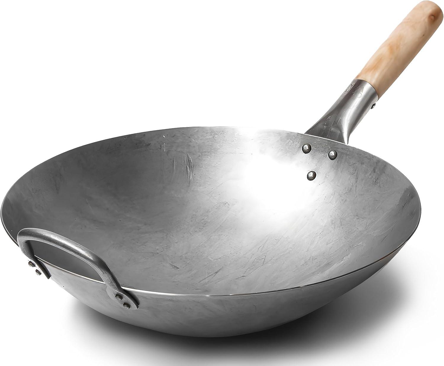 Craft Wok Traditional Hand Hammered Carbon Steel Pow Wok with Wooden and Steel Helper Handle (14 Inch, Round Bottom) / 731W88